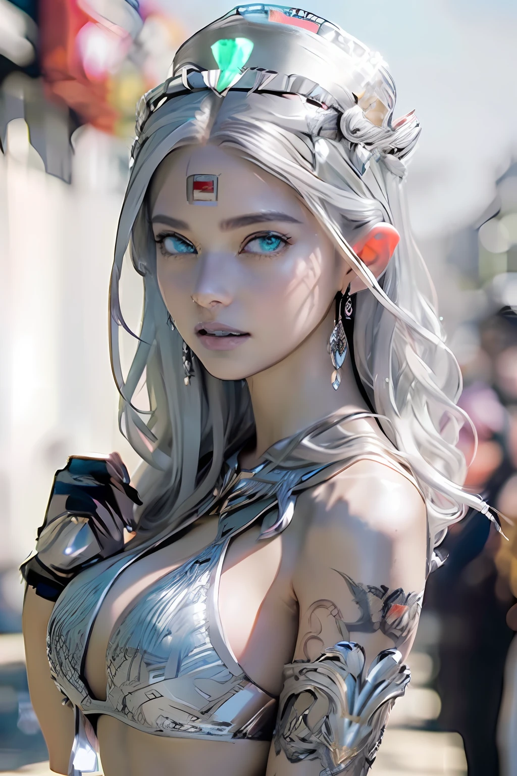 Ultra-detailed complex 3D rendering of the face, (masterpiece, top quality, octane rendering,), glamour shots full body image, very beautiful young elves, cleavage, (highly detailed skin: 1.2), (exposure: 1.1), ((blue micro bikini: 1.95)))). , 8k, (((very soft breasts)), (((conspicuous large pink areola)), beautiful Caucasian woman with white skin with full soft breasts with big buttocks, one, long braided hair, big breasts, dynamic angles, (((huge breasts: 2.4)), ultra-realistic photos, ((((((silver hair)))), futuristic urban background, facial muscles, (((((detailed and glamorous silver crown)))), In the style of Marvel Comics, ArtStation Trends, Clear Focus, Intricate Details, Very Detailed, Detailed Green Eyes, Sharp Focus, Digital Rendering, Professional, Abs, Lip Gloss, Glossy Skin, Sexy Pose, Golden Tattoo All Over Body, Silver Pattern All Over Body, Silver Lame Skin, Gold Glitter Skin, Mansuji, Buttocks, Jeweled All Over the Body, with silver scales, silver hair,