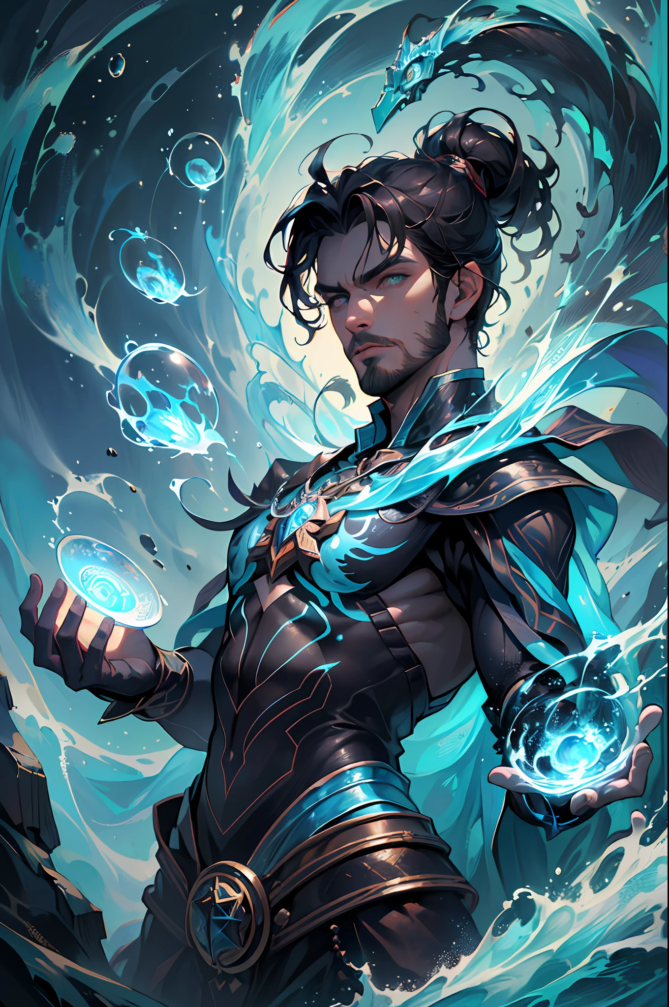 (masterpiece, best quality:1.4),(absurdres, highres, ultra detailed:1.2), (1 handsome man:1.4),(using dark magic:1.4),water magic,playful illustrations, imaginative overlays, artistic fusion,fantastical scenes, evocative narratives, striking visuals, upper body,