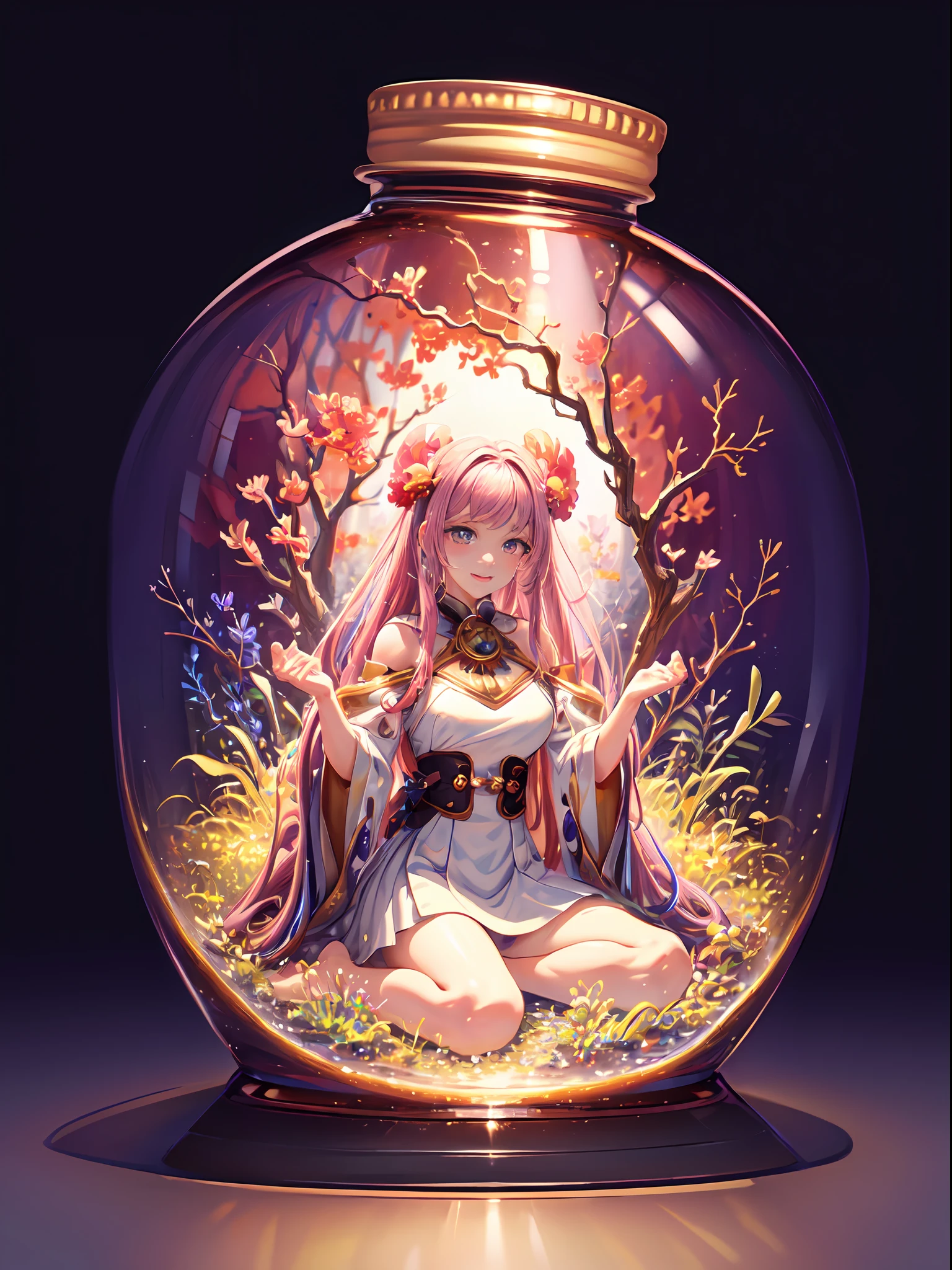 perfect eyes:1.2, detailed eyes:1.4, smile, sitting, air bubble, (masterpiece:1.6, best quality), phgls, /bottle, in container, (finely detailed beautiful eyes: 1.2), 1girl, solo, big breasts, purple hair, pink hair, two-tone hair, underwater, floating hair, (((masterpiece))),(((best quality))),(((extremely detailed))), illustration, mysterious, vivid color, shiny, full body, barefoot, long hair tranquil nature, koi, Underwater, close up, Dynamic actions, Lens perspective, sit cross-legged and lean against the bookshel, volumetric lighting, multi-color eyes, detailed eyes, hyper detailed, light smile, highly detailed, beautiful, small details, ultra detailed, best quality, intricate, 4k, 8k, trending on artstation, good anatomy, beautiful lighting, award-winning