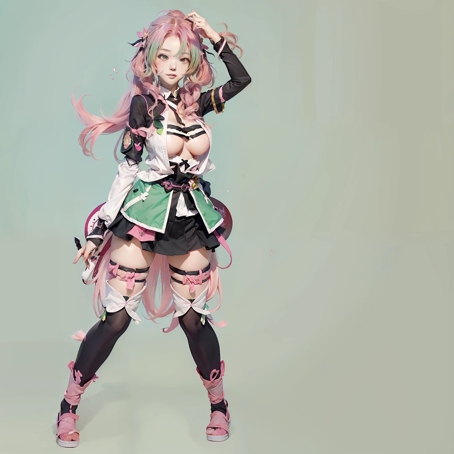 (best quality), (masterpiece), (1girl), kanroji_mitsuri, Kanroji Mitsuri from Demon Slayer, pink and green hair, big breast, Kanroji costume, Mitsuri, Demon Slayer Uniform, Gradient Hair, simple background