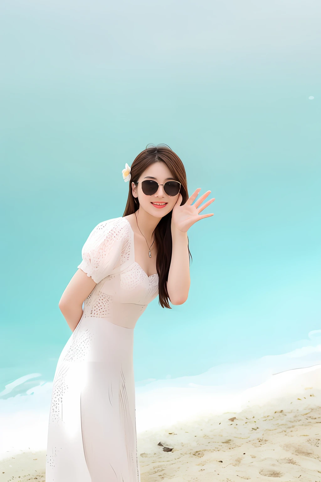 On the beach there is a woman in a white dress and sunglasses, bae suzy, with sunglass, dilraba dilmurat, cute korean actress, posing on a beach with the ocean, wave a hand at the camera, Actress, White background : 3, in front of white back drop, Cute woman, Beautiful young Korean woman, song hye - kyo