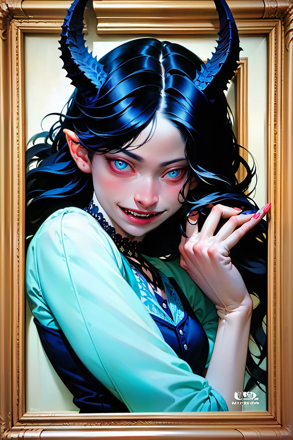 A boy with short black hair,The eye(Green eyes),Showing fangs,There are demon horns on the head,expressioness(innocent,adolable)Body movements(Dance),dyna,There is a green snake behind him,Ghost fire(Blue Ghost Fire)entangled,enclose,Medieval gorgeous,Vampires