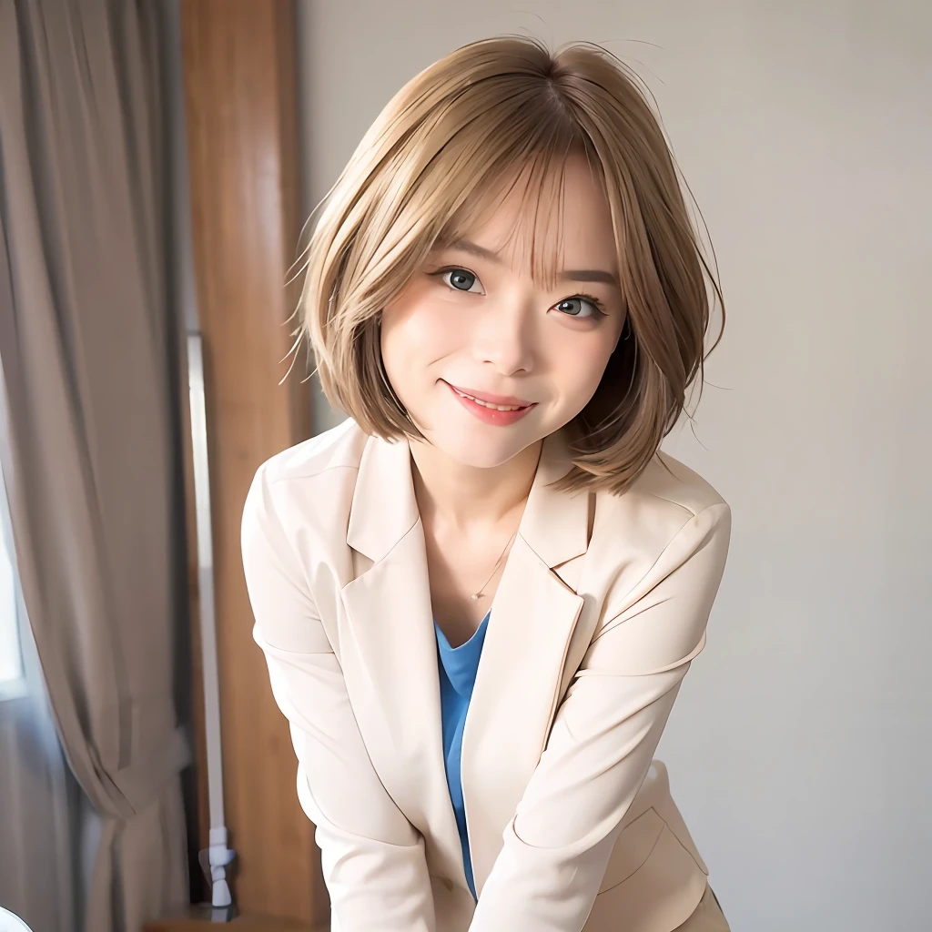 mix4, (highest quality), (photorealistic), (simple white background: 1.2), 1girl, upper body, high detail face, smile, [ash blonde|ash blonde|ginger|brown gray hair], Fujifilm High-waisted pants in neutral tones such as XT3, beige, camel, silver, and blue are paired with a silk blouse and structured blazer to create a sophisticated and strong look (8K), bangs, short hair