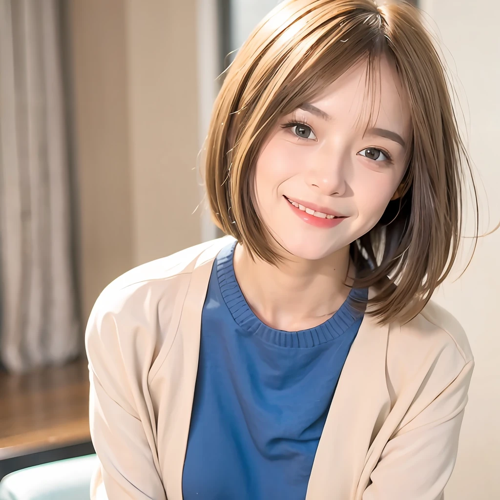 mix4, (highest quality), (photorealistic), (simple white background: 1.2), 1girl, upper body, high detail face, smile, [ash blonde|ash blonde|ginger|brown gray hair], Fujifilm High-waisted pants in neutral tones such as XT3, beige, camel, silver, and blue are paired with a silk blouse and structured blazer to create a sophisticated and strong look (8K), bangs, short hair