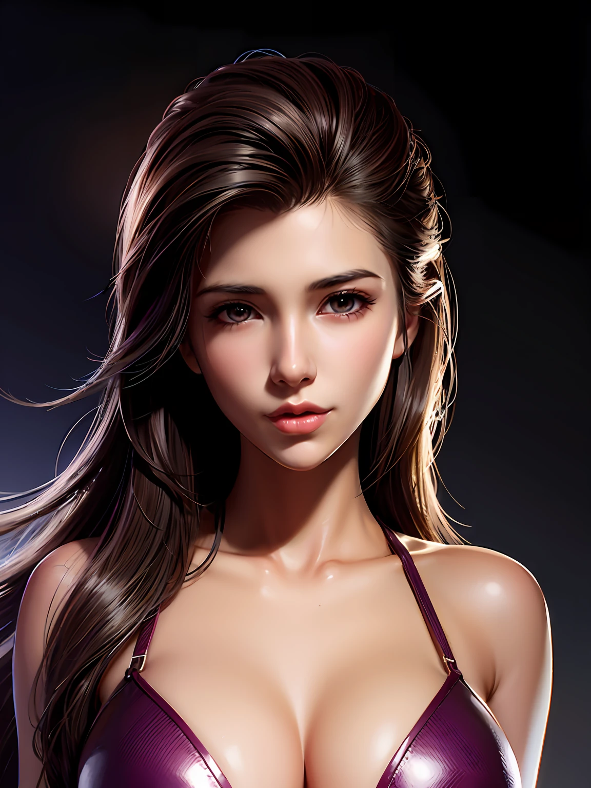 long straight dark brown haired gamer girl leaning into the camera, three-quarter headshot, photo from front above, dark red hoodie, straight hair, large leather gamer headphones, medium breasts, skintight black top:1.2, cleavage, purple bra:1.2, looking at viewer, realistic, 4k, cinematic lighting, perfect, soft lights, intricate details, high resolution skin:1.2, realistic skin texture, realistic face, perfect anatomy, lean girl, fit girl, sfw:1.2
