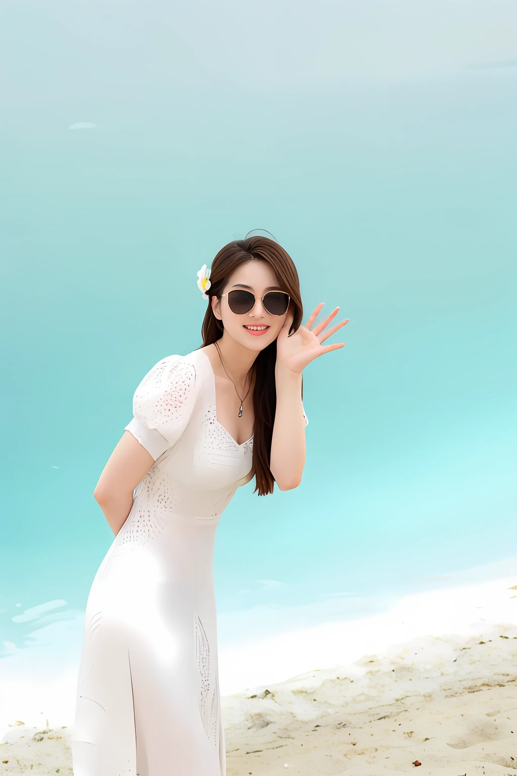 On the beach there is a woman in a white dress and sunglasses, bae suzy, with sunglass, dilraba dilmurat, cute korean actress, posing on a beach with the ocean, wave a hand at the camera, Actress, White background : 3, in front of white back drop, Cute woman, Beautiful young Korean woman, song hye - kyo
