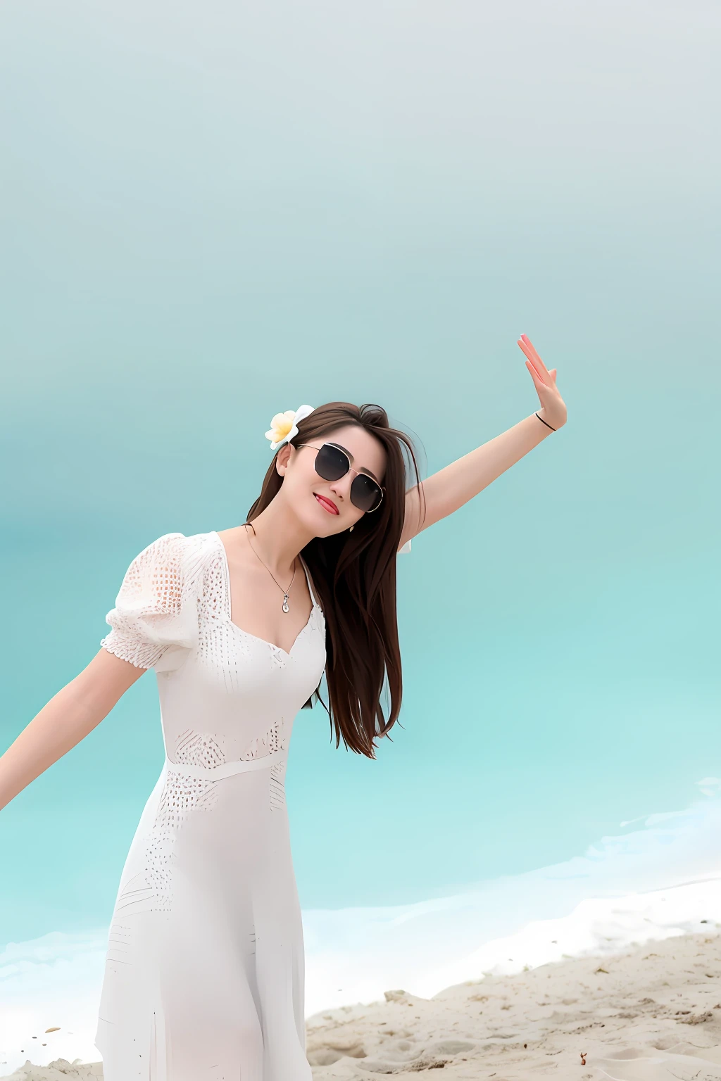 Woman in white dress and sunglasses standing on the beach,arms out, dilraba dilmurat, with sunglass, posing on a beach with the ocean, Pose(Arms up + cheerfulness), With sunglasses, woman posing, Single image, Waving, wave a hand at the camera, On a sunny day, Girl on the beach, low angle shot