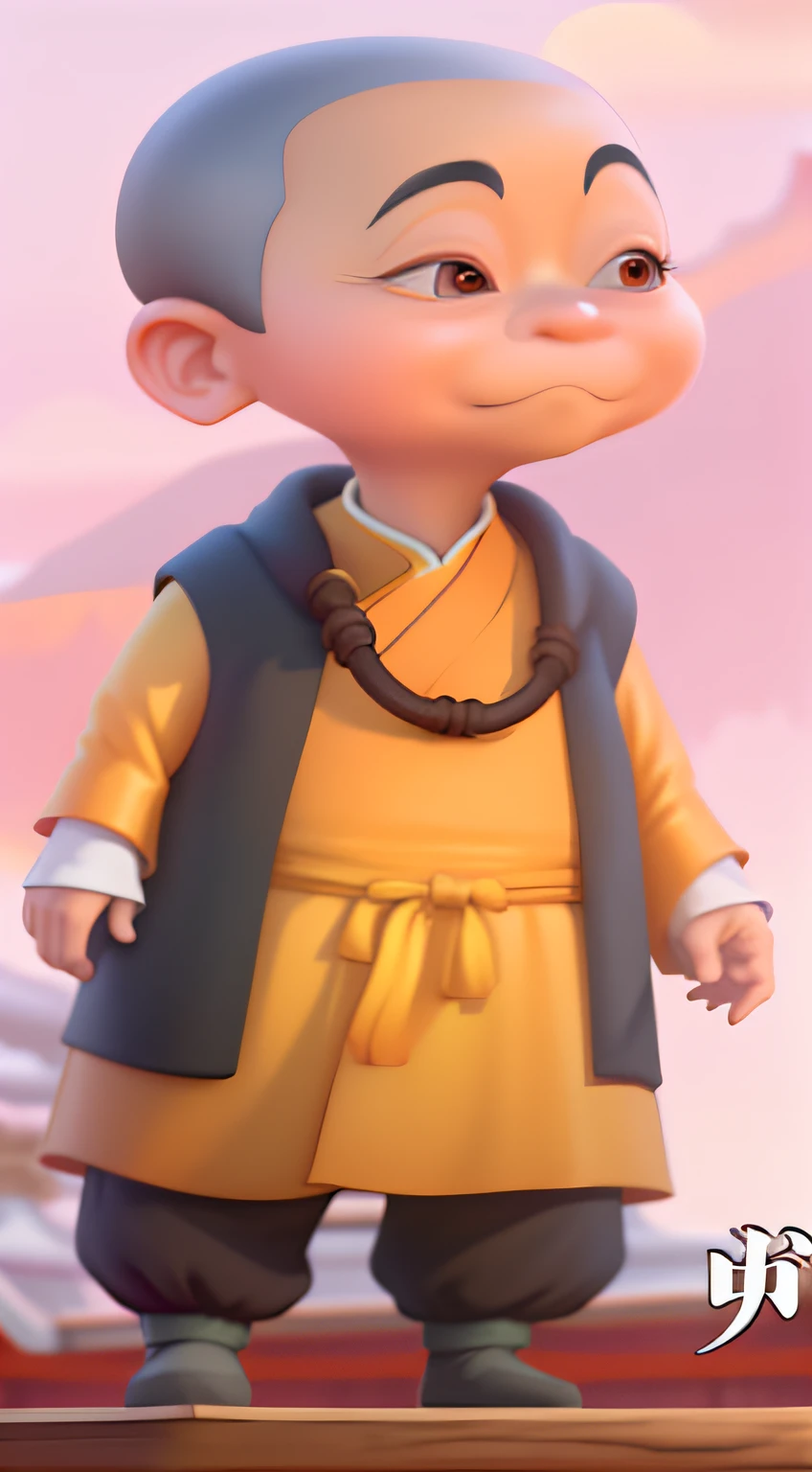 Close-up of cartoon character standing on wooden platform, inspired by Chen Daofu, monk clothes, Inspired by Cao Zhibai, dressed in simple robes, 《Despicable me》Gru in , movie character, he looks like a human minion, Yellow robe, xi jinping as winnie the pooh, Monk's robe, ancient mongolian elon musk, goku as an asian man