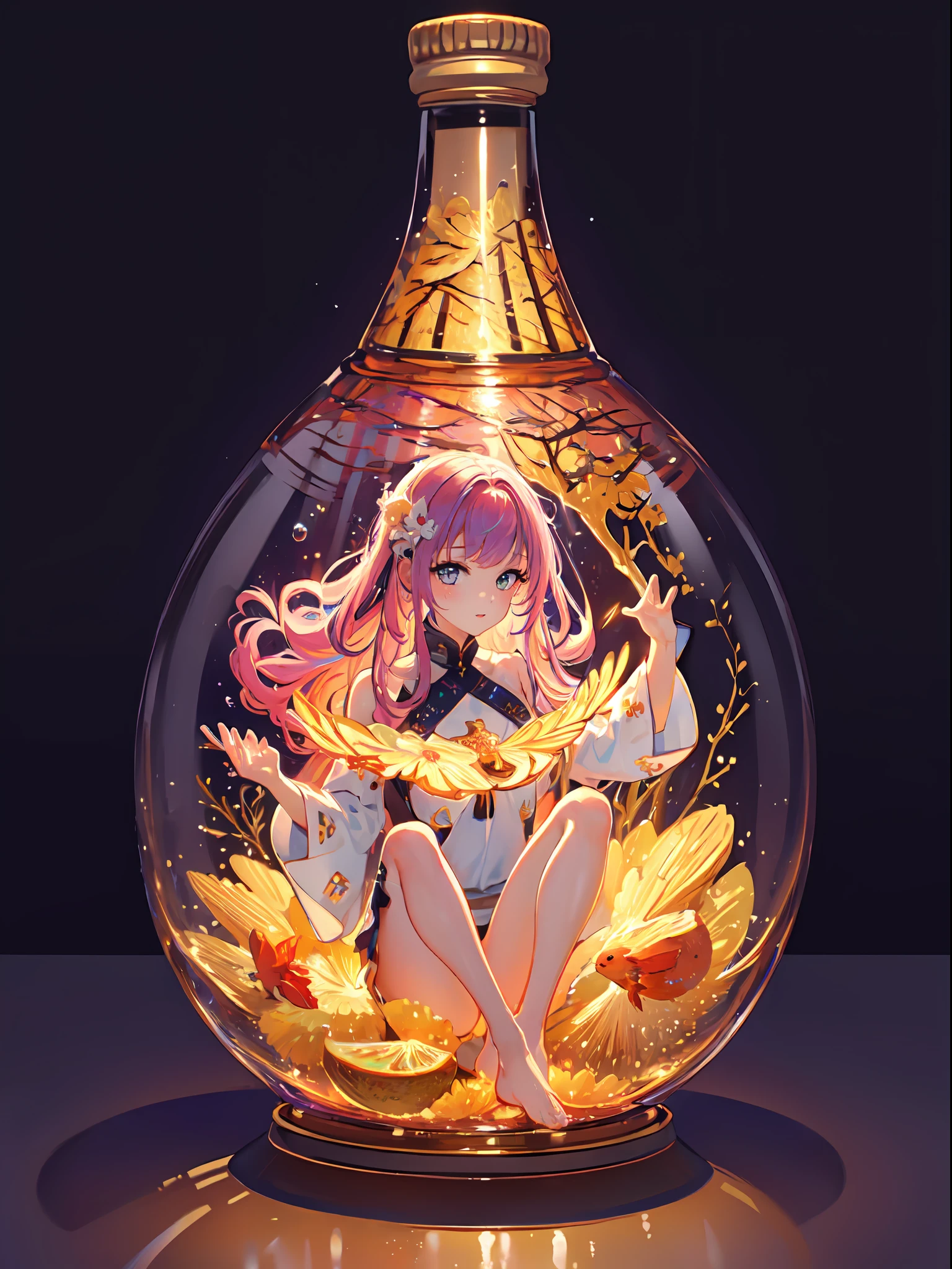 perfect eyes:1.2, detailed eyes:1.4, pineapple, smile, sitting, air bubble, (masterpiece:1.6, best quality), phgls, /bottle, in container, (finely detailed beautiful eyes: 1.2), 1girl, solo, big breasts, purple hair, pink hair, two-tone hair, underwater, floating hair, (((masterpiece))),(((best quality))),(((extremely detailed))), illustration, mysterious, vivid color, shiny, full body, barefoot, long hair tranquil nature, koi, Underwater, close up, Dynamic actions, Lens perspective, sit cross-legged and lean against the bookshel, volumetric lighting, multi-color eyes, detailed eyes, hyper detailed, light smile, highly detailed, beautiful, small details, ultra detailed, best quality, intricate, 4k, 8k, trending on artstation, good anatomy, beautiful lighting, award-winning