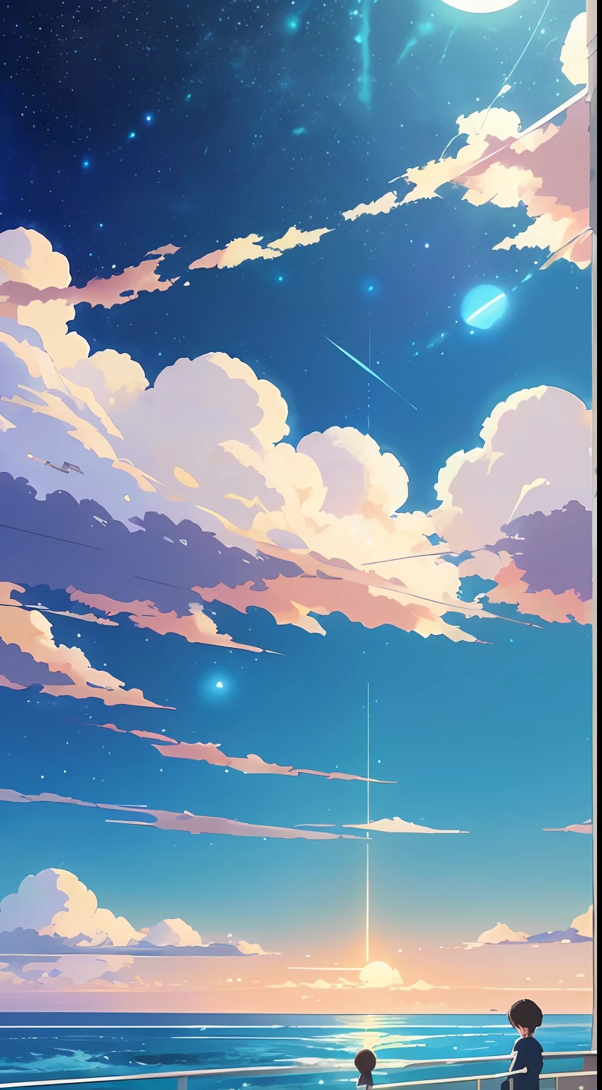 There is a picture of the sky with clouds and stars, space sky. By Makoto Shinkai, Anime Sky, Anime Clouds, Blue Sea. Makoto Shinkai, Makoto Shinkai's style, Makoto Shinkai's style, Los Tran. Inspired by the scenic background, Makoto Shinkai, Makoto Shinkai. - H 2160, summer, Makoto Shinkai concept art, tumblr, magical realism, beautiful anime scene, beautiful sky. Makoto Shinkai, ((新海誠)), anime background art, anime background, Makoto Shinkai's style, anime movie background, galaxy express, no human