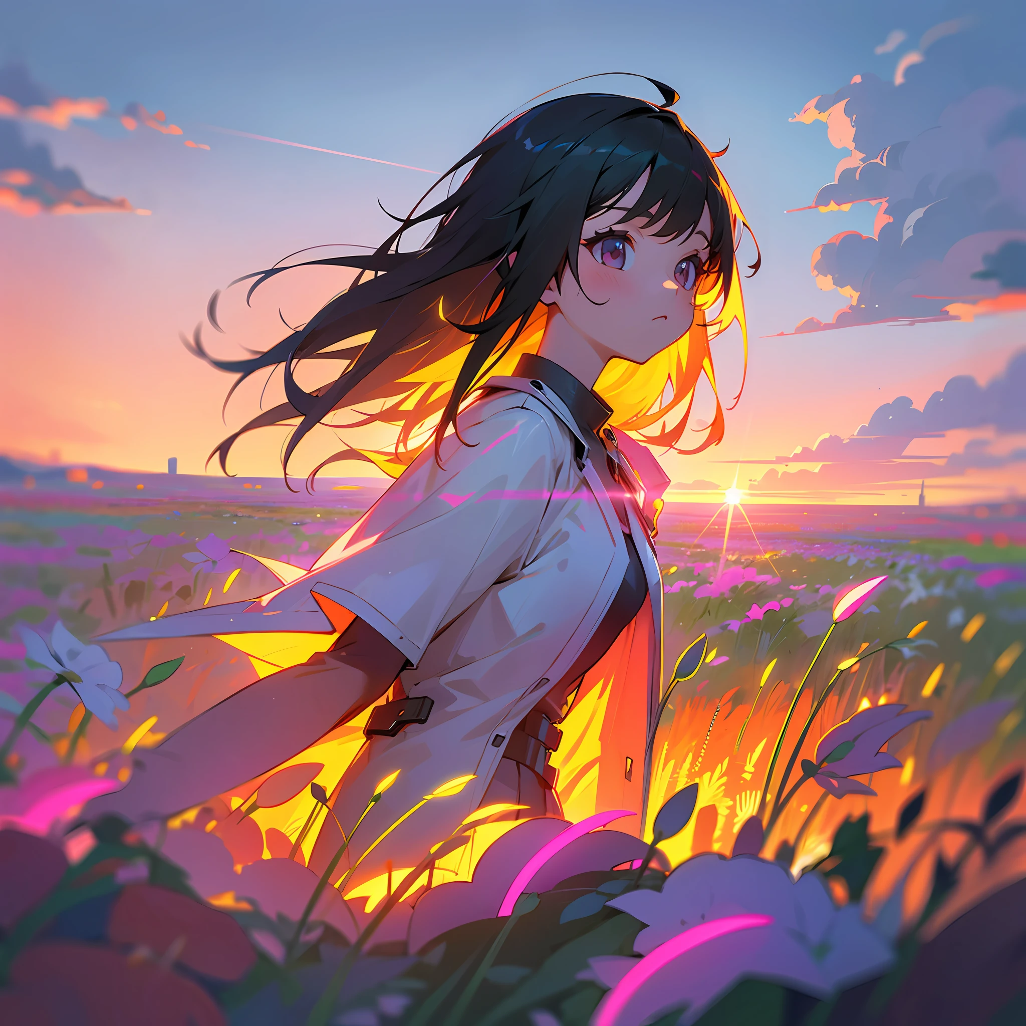 girl in field, (((field of neon flowers))), mid shot, portrait, clouds, sunrise