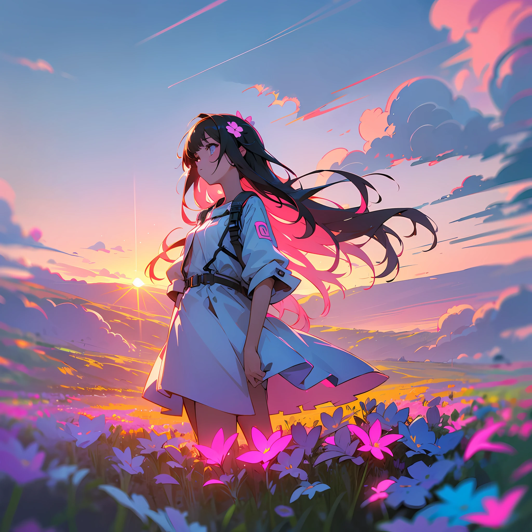 girl in field, (((field of neon flowers))), mid shot, portrait, clouds, sunrise