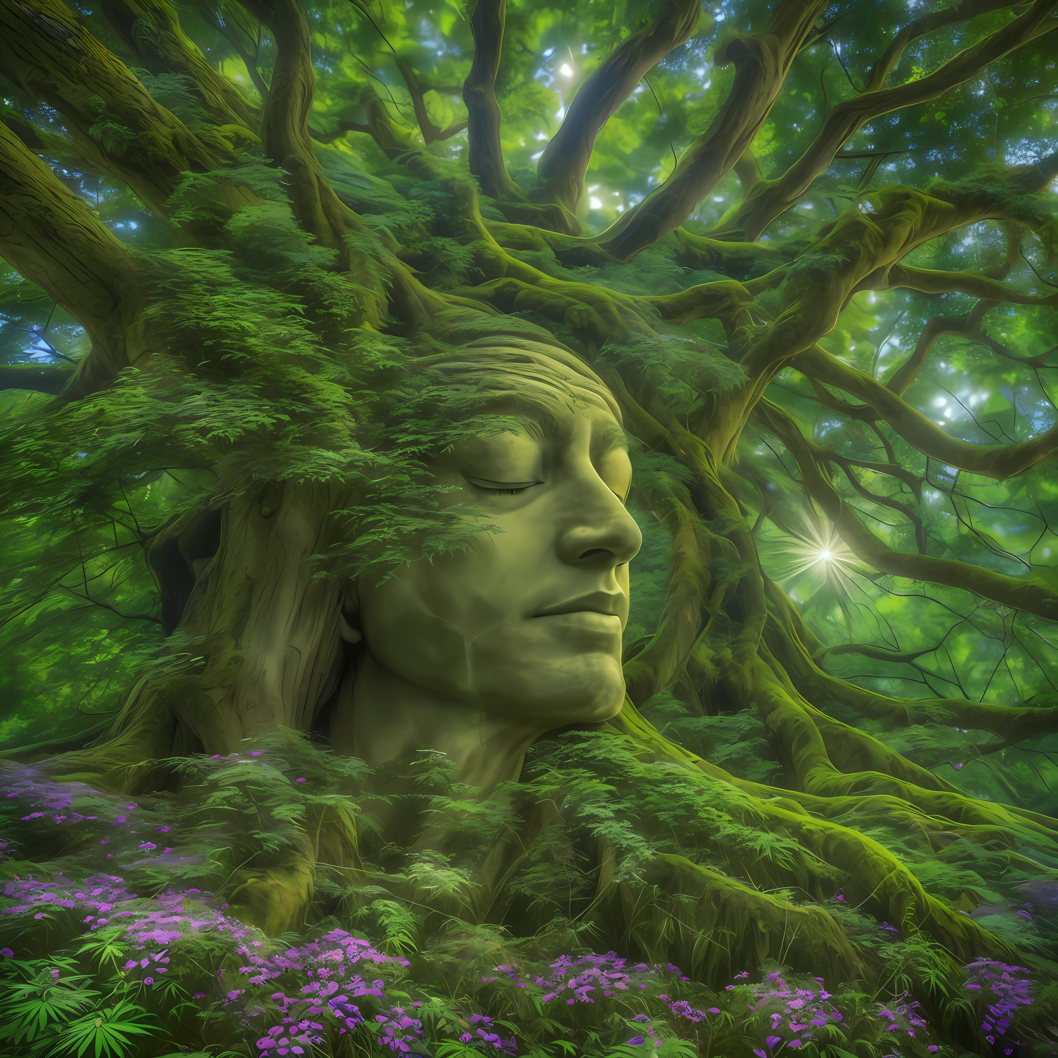 I sit meditatively within the spacious interior of my own mind, eyes closed as I observe my inner world. Rising up from the folds of my brain matter is an enormous cannabis tree, its trunk and branches formed from tangled bundles of marijuana plants. Lush green colas sprout in abundance from the nodes, buds heavy with psychoactive potency.
I am nestled at the base of the tree, sheltered by its canopy of leaves that filter aquamarine light across my still form. The long roots of the tree dig deep into the soft tissue of my brain, tapping into neurons and spreading psychotropic chemicals through my consciousness.
As I breathe deeply, fractal patterns emerge on the insides of my eyelids. I sense the tree vibrating with energy, its leaves rustling in a cerebral breeze. My perception begins to shift - I feel myself simultaneously seated under the tree within my mind, while also looking out through my physical eyes at reality transforming.
The marijuana tree's presence within me floods my vision with new textures and dimensions. Looking outward, the world takes on kaleidoscopic qualities, suffused with heightened significance. I see shimmering trails behind moving objects, sounds take on colorful synesthetic auras.
My inner world and outer reality intertwine as the marijuana tree's roots entangle my personal psyche with the collective external. I sit calmly within this union, anchored by the tree as my guide. Its branches reach higher into uncharted neural territory, beckoning me to expand and explore.