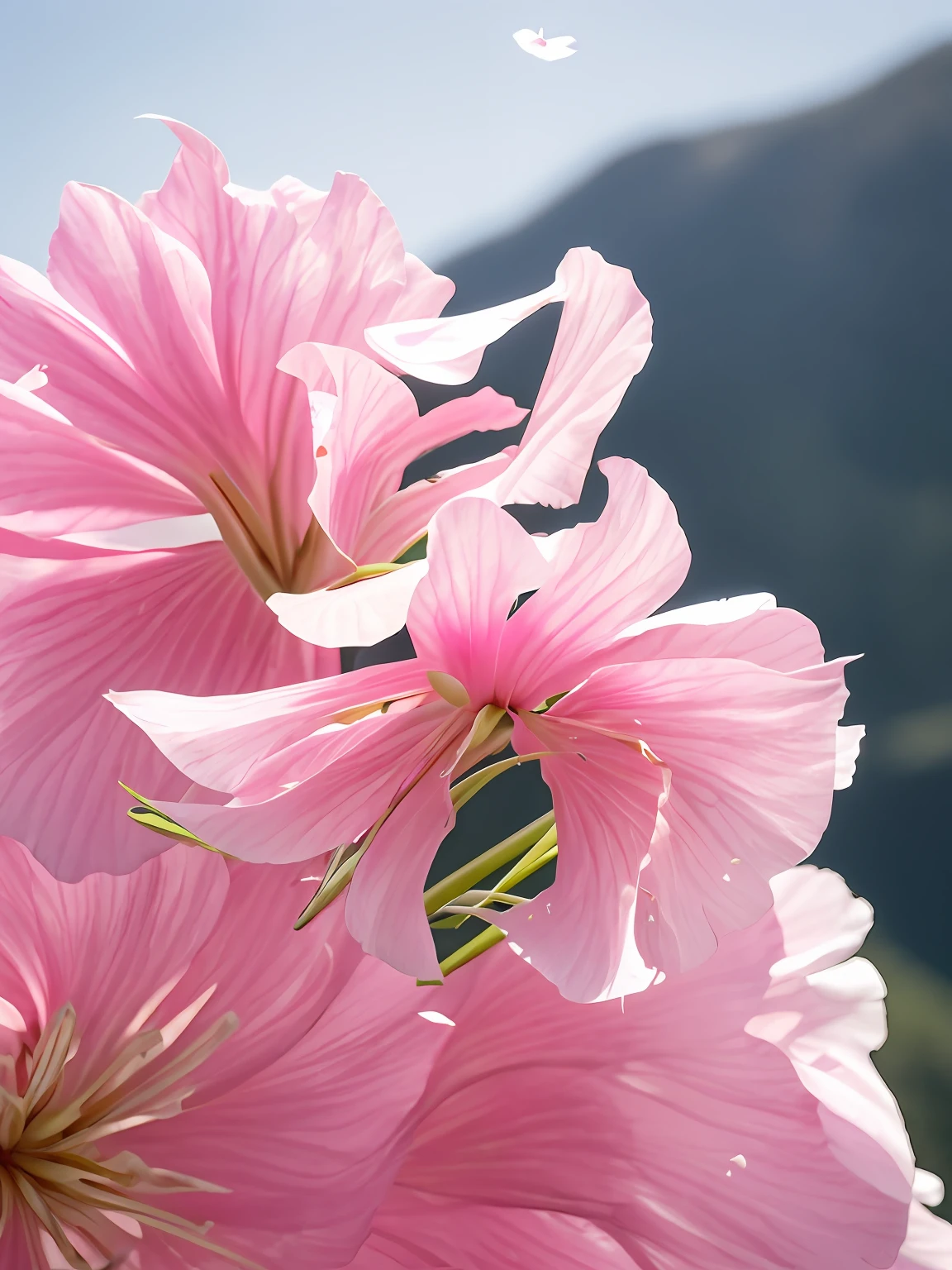 overlooks,mountains and rivers,There is a pink flower floating in the air,There are bubbles, pink petals fly, Angel's trumpet, surreal waiizi flowers, Pink petals, falling flower petals, Soft petals fly, lily petals, sergey zabelin, author:Etienne Dressett, author:Dietmar Dammelau, author:Matthias Wescher, depicting a flower, pink flower, look from down