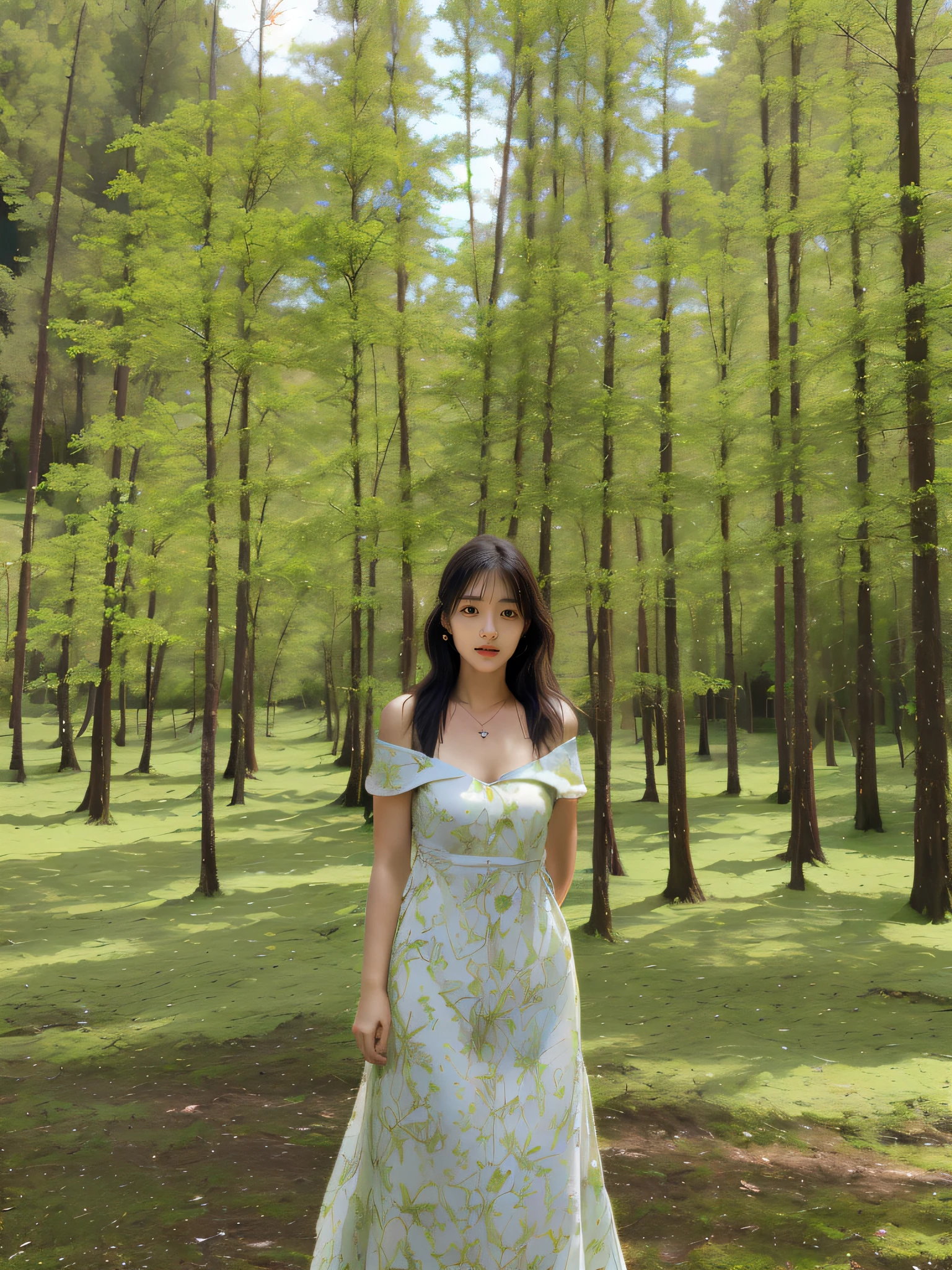 A woman stands in the forest, in a swamp, in green forest, enviromental portrait