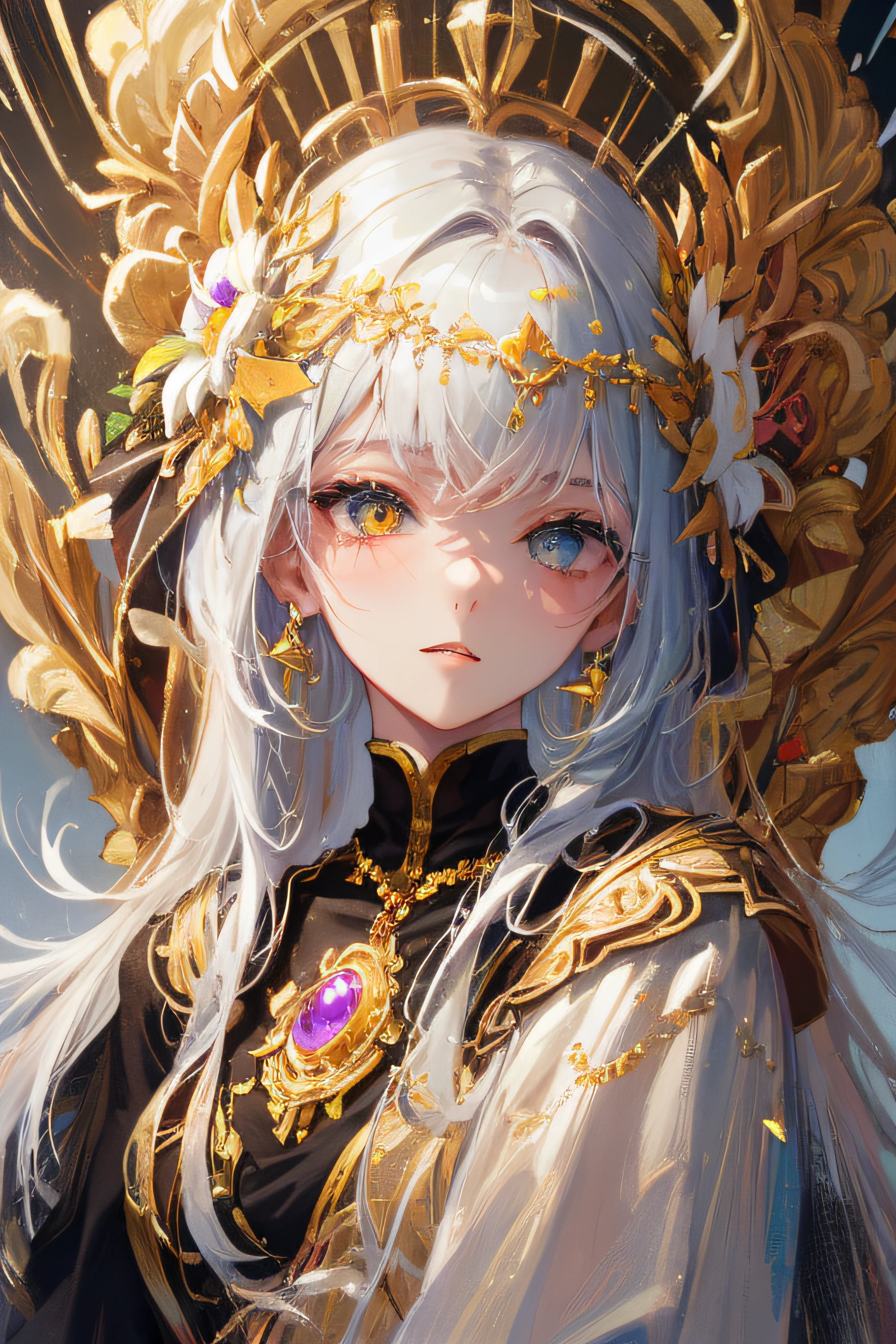 ((masterpiece, best quality, ultra-detailed, high-resolution)), solo, beautiful girl, gleaming eye, perfect eye, age 15, black white olive equinox flower gold theme