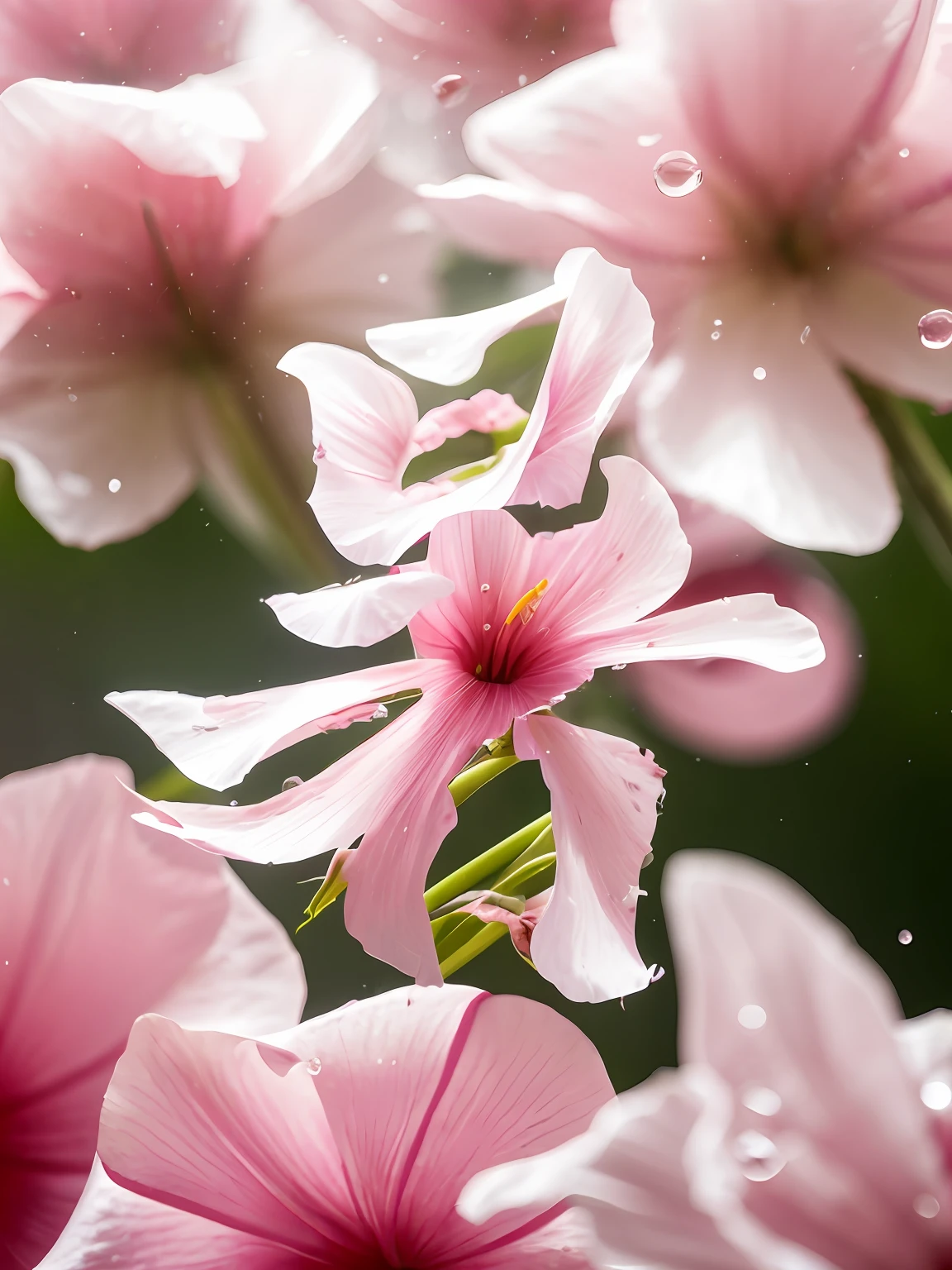 overlooks,dewdrops,There is a pink flower floating in the air,There are bubbles, pink petals fly, Angel's trumpet, surreal waiizi flowers, Pink petals, falling flower petals, Soft petals fly, lily petals, sergey zabelin, author:Etienne Dressett, author:Dietmar Dammelau, author:Matthias Wescher, depicting a flower, pink flower, look from down
