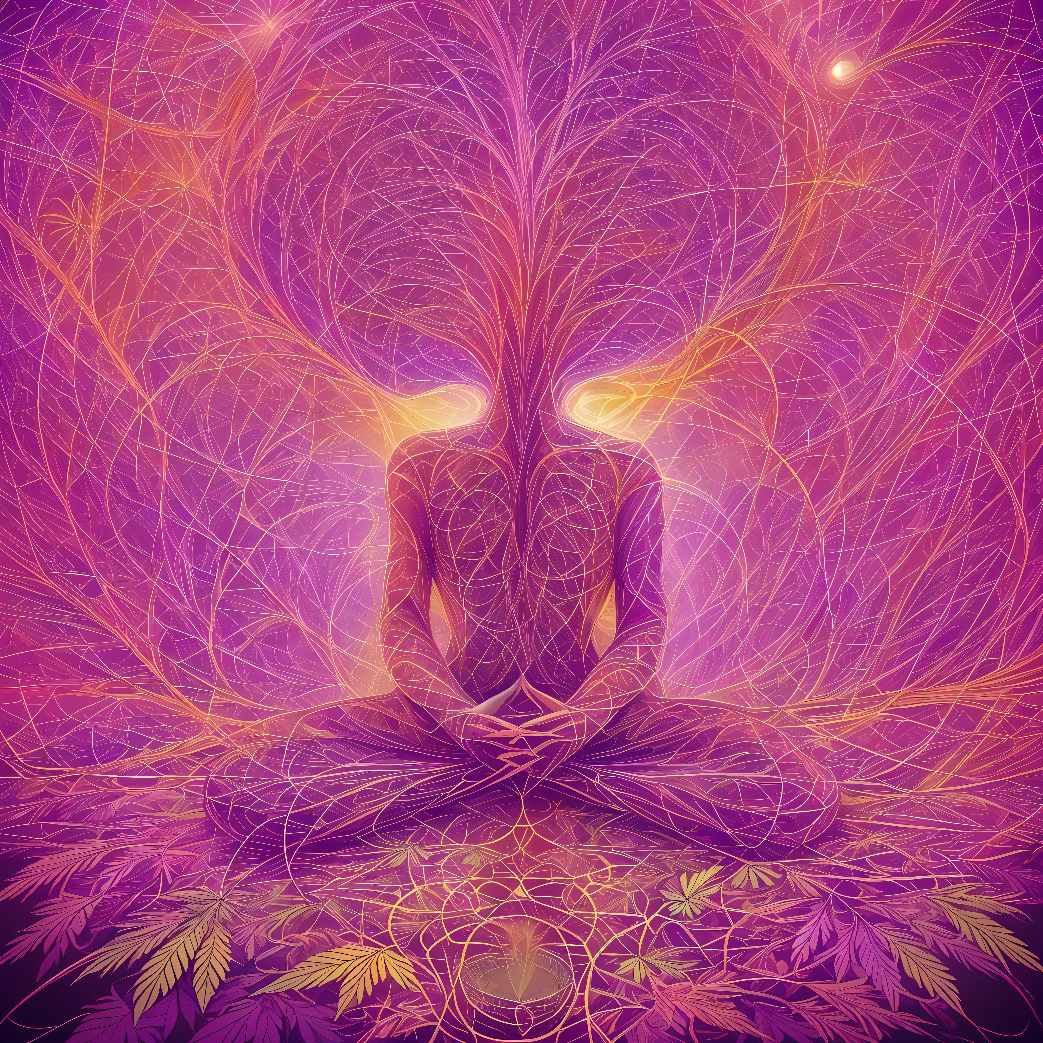 I sit cross-legged, eyes closed, focused inwards. Behind my eyelids, fractal patterns swirl and morph, emanating from the giant cannabis plant sprouting up within my own mindscape. Its leafy tendrils unfurl across my inner vision, pulses of rainbow light dancing along eachfiber. I feel its roots threaded through my consciousness, tapping into primal parts of my brain.
My awareness expands, space and time dilating. As I observe the patterns, I have the sensation of simultaneously looking out through my own eyes while also being the one seated in meditation. Everything vibrates with newfound significance.
The cross stands erect, staked into the spongy neural ground. I reach out to touch it, a tether grounding me as I float through inner space. Its angular symmetry amidst the plant's organic shapes focuses my attention, like a meditative mandala centering my psychedelic exploration.
From my vantage point on the ground, I feel cradled by the plant's leaves as they spread upwards around me. I am the one inside the head, contemplating the canvas of my mind as it comes alive with cannabis-induced creativity. Where once was void, there are now rich landscapes to explore.
My sense of self shifts - I am the seated dreamer, the plant, the cross, the beholder observing through both inner and outer eyes. Everything unfolding within me spills outside, reality transformed into a psychedelic wonderland shining with new intensity. I inhale slowly, allowing the experience to deepen.