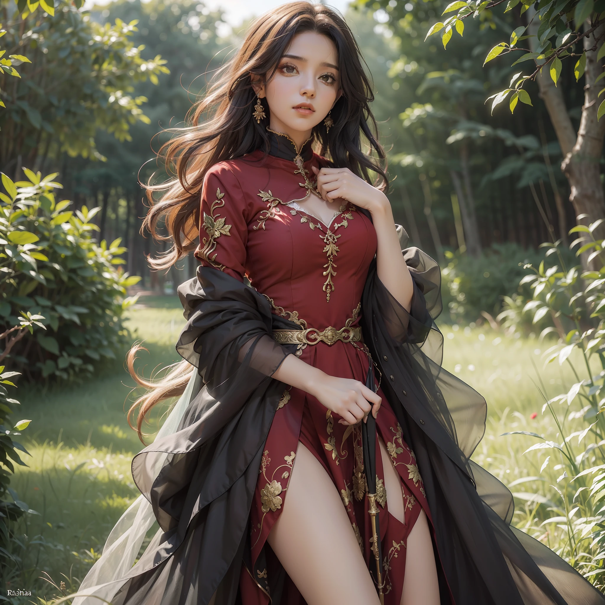 ID da tarefa.:49274216611909 mulher guerreira linda e esbelta, com longos cabelos loiros e olhos verdes ,their intense, red clothes are strong, brilhantes e profundas no estilo carmesim elegante