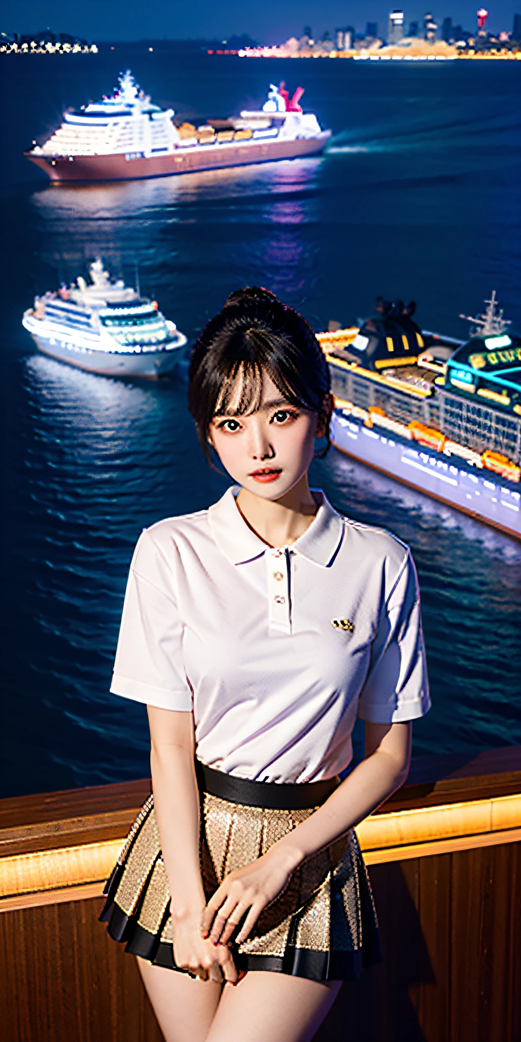 Ultra HD 8K Real scene on the Bund in Shanghai, with a ship in the background, wearing GUCCI short sleeves, a pleated skirt at the bottom, and moving as a hair stroke