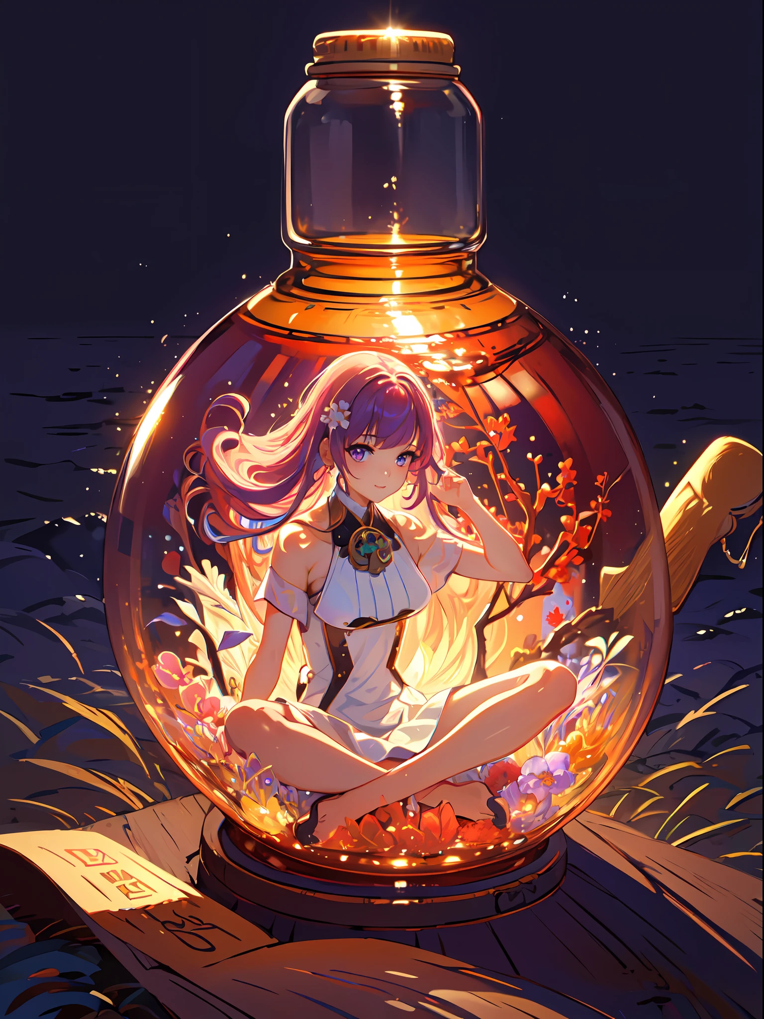 perfect eyes:1.2, detailed eyes:1.4, pineapple, smile, sitting, air bubble, (masterpiece:1.6, best quality), phgls, /bottle, in container, (finely detailed beautiful eyes: 1.2), 1girl, solo, big breasts, purple hair, pink hair, two-tone hair, underwater, floating hair, (((masterpiece))),(((best quality))),(((extremely detailed))), illustration, mysterious, vivid color, shiny, full body, barefoot, long hair tranquil nature, koi, Underwater, close up, Dynamic actions, Lens perspective, sit cross-legged and lean against the bookshel, volumetric lighting, multi-color eyes, detailed eyes, hyper detailed, light smile, highly detailed, beautiful, small details, ultra detailed, best quality, intricate, 4k, 8k, trending on artstation, good anatomy, beautiful lighting, award-winning