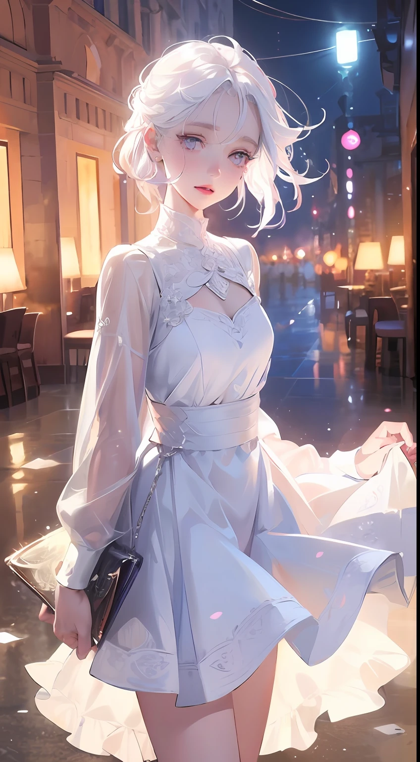 Realistic, 1girl, white hair, purple eyes, glowing eyes, cropped top, skirt, parted lips, blush, night, flowers, sun, sunlight, white skirt, short skirt, medium length hair, real, warm colors, white short Dress, white clothes, light background color, day environment, bright color background, saudi, ocean, cute,