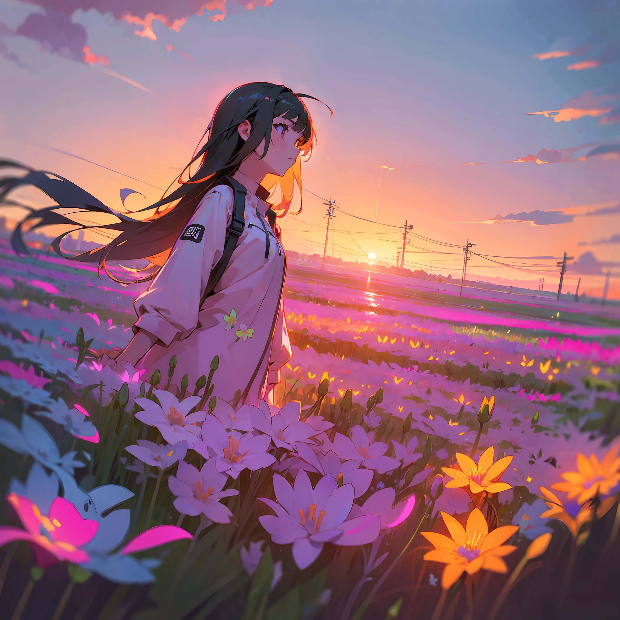 girl in field, (((field of neon flowers))), mid shot, portrait, clouds, sunrise