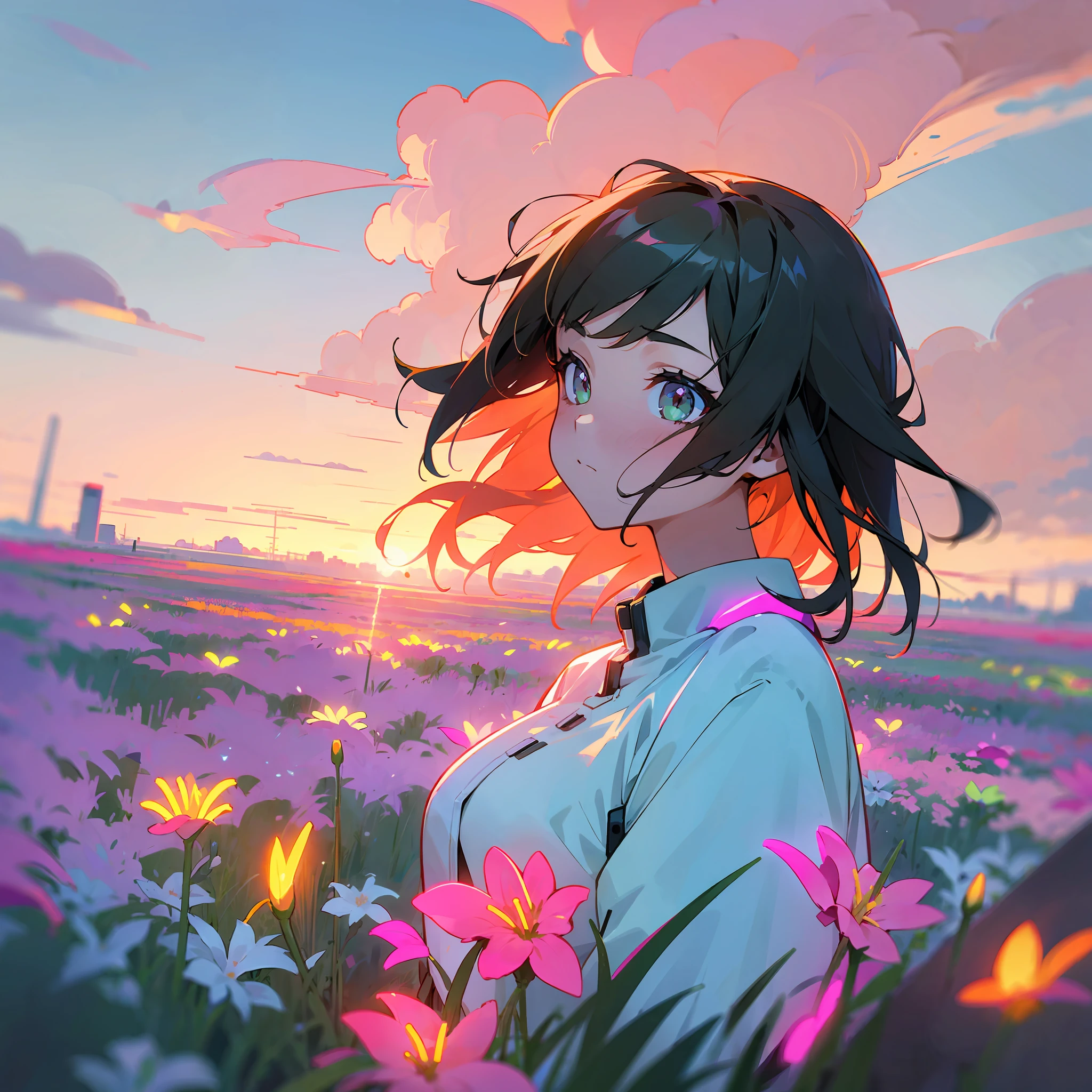 girl in field, (((field of neon flowers))), mid shot, portrait, clouds, sunrise