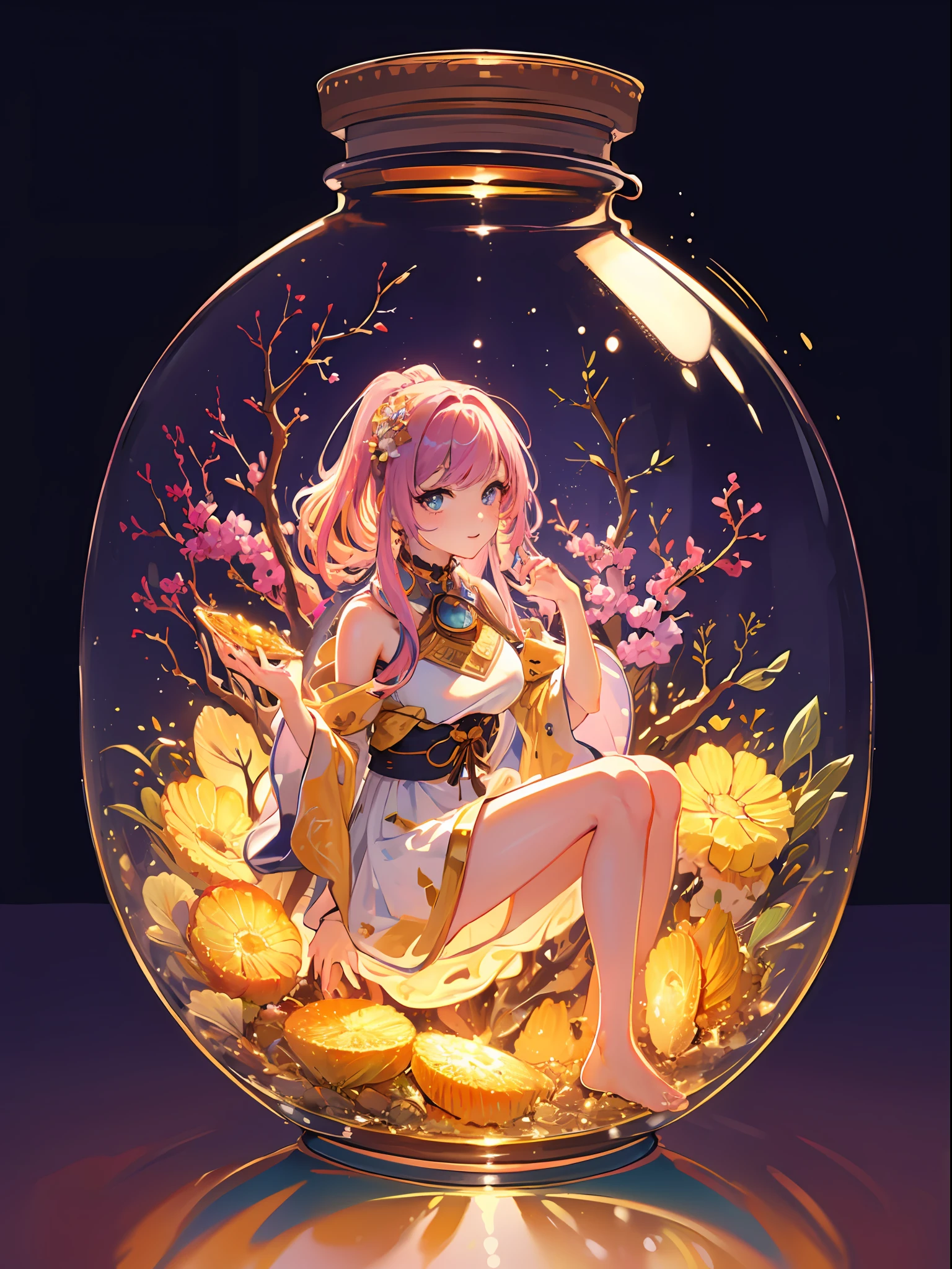 perfect eyes:1.2, detailed eyes:1.4, pineapple, smile, sitting, air bubble, (masterpiece:1.6, best quality), phgls, /bottle, in container, (finely detailed beautiful eyes: 1.2), 1girl, solo, big breasts, purple hair, pink hair, two-tone hair, underwater, floating hair, (((masterpiece))),(((best quality))),(((extremely detailed))), illustration, mysterious, vivid color, shiny, underwater transparent sealed hemispherical glass, full body, barefoot, long hair tranquil nature, koi, Underwater, close up, Dynamic actions, Lens perspective, sit cross-legged and lean against the bookshel, volumetric lighting, multi-color eyes, detailed eyes, hyper detailed, light smile, highly detailed, beautiful, small details, ultra detailed, best quality, intricate, 4k, 8k, trending on artstation, good anatomy, beautiful lighting, award-winning