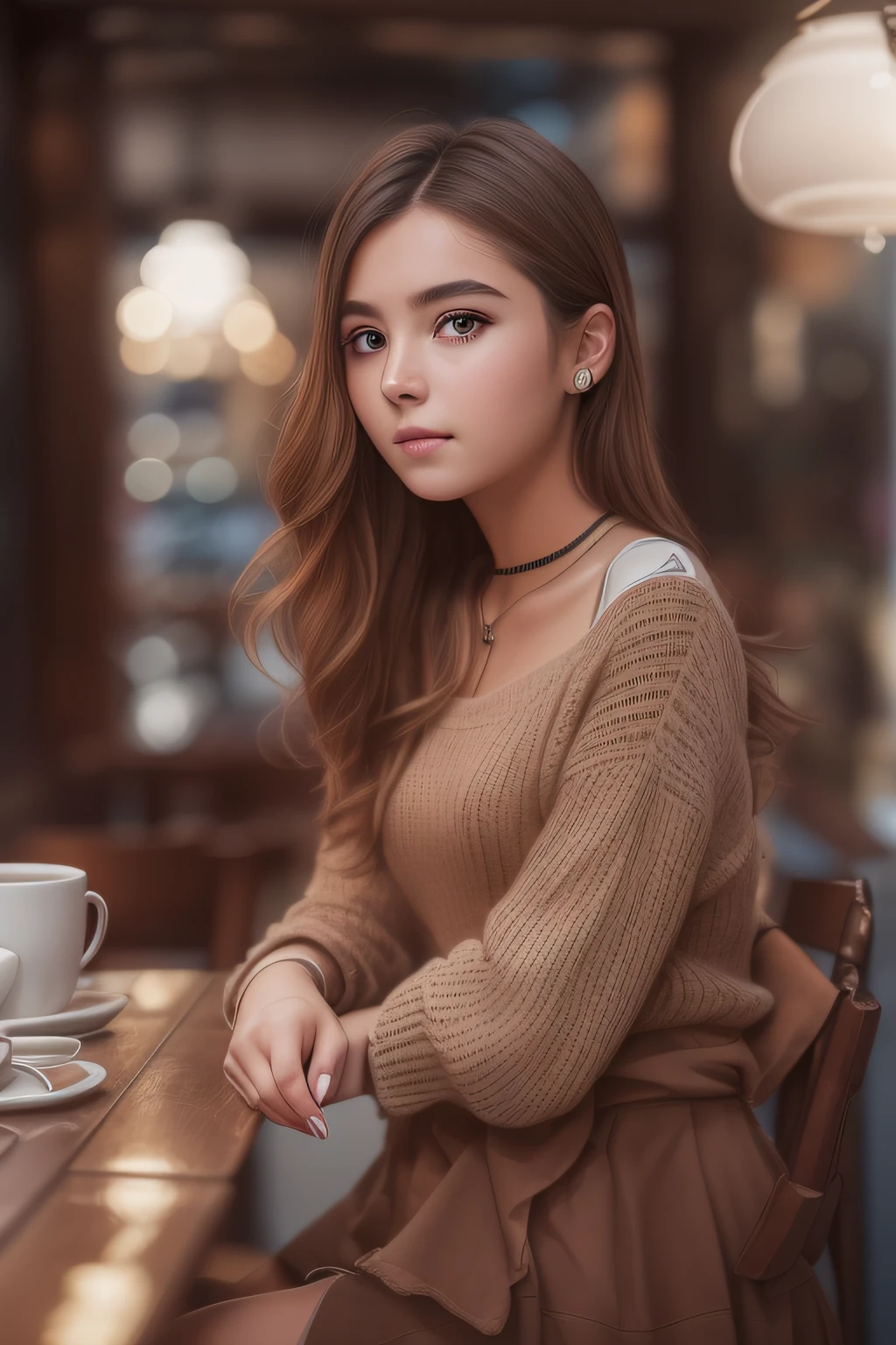 Girl in a café, brown-hair, brown eye, in full height, (8K, photo in RAW format, beste-Qualit, tmasterpiece:1.2), Ultra-detailed, (high-detailed skin:1.2), 8K UHD, DSLR camera, soft-lighting, hiquality