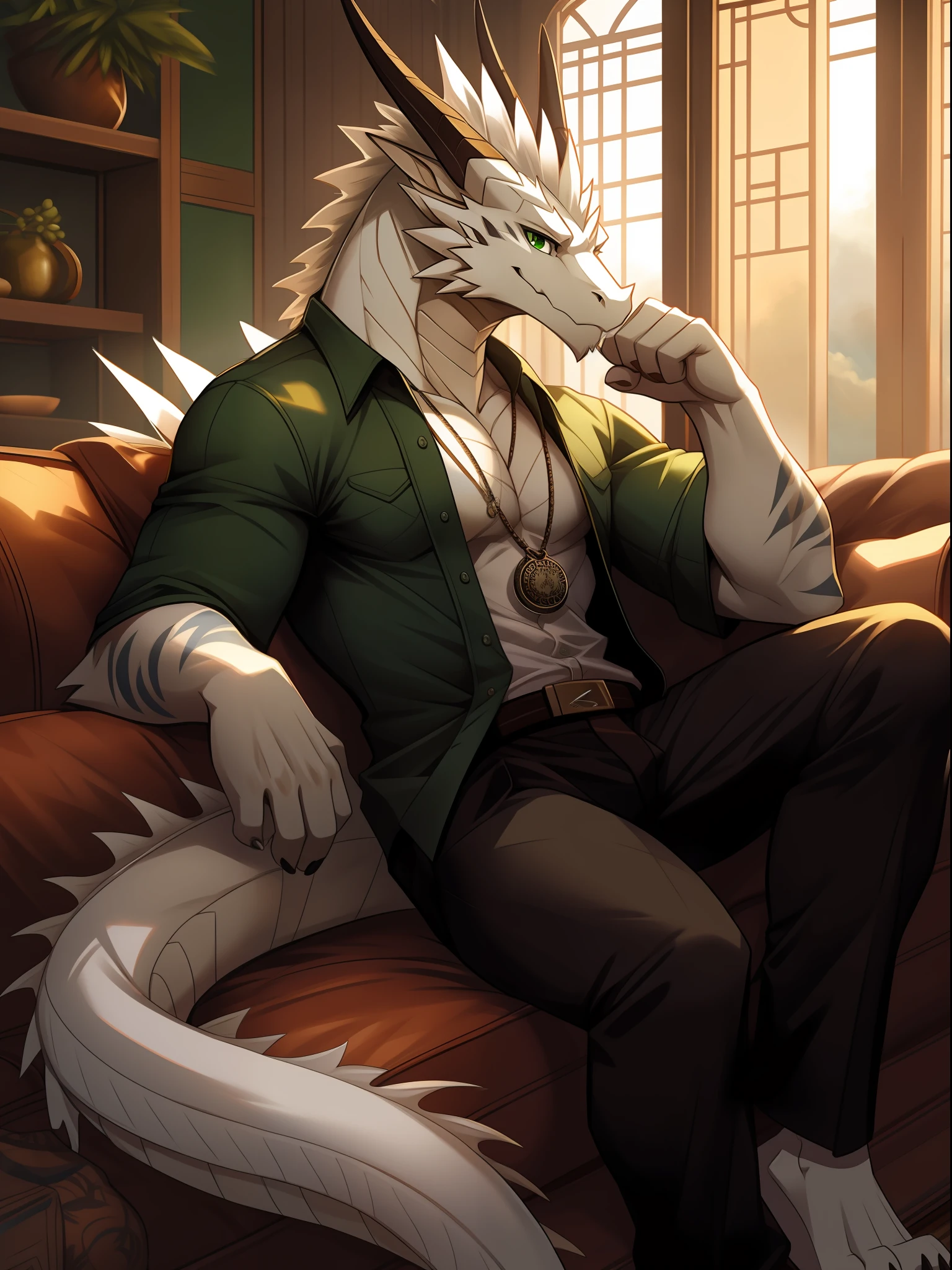 Oriental White Dragon(species),Casual attire,Deep green eyes,toned figure,Overcast personality,Holding a pocket watch,sitting in the couch,Holding a ring