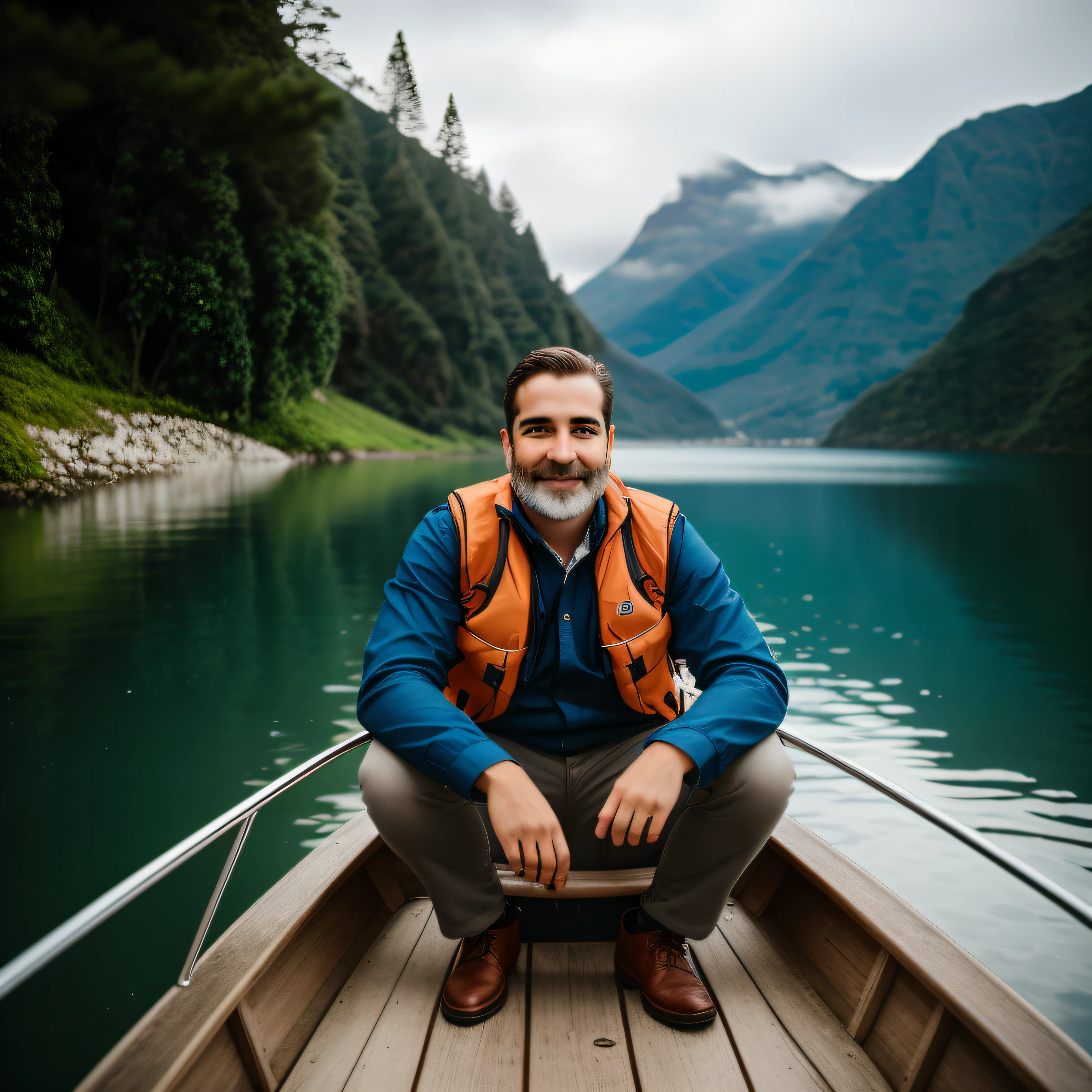 There is a man sitting on a boat on a lake, em um barco em um lago, foto de retrato, Shutterstock, Foto de Stock, homem bonito, Perfect portrait composition, foto de retrato detalhada, a man sitting on a pier, no lago calmo, foto ainda, retrato de alta qualidade, sentado em frente a um lago, retrato perfeitamente centrado, sentado em uma doca de madeira