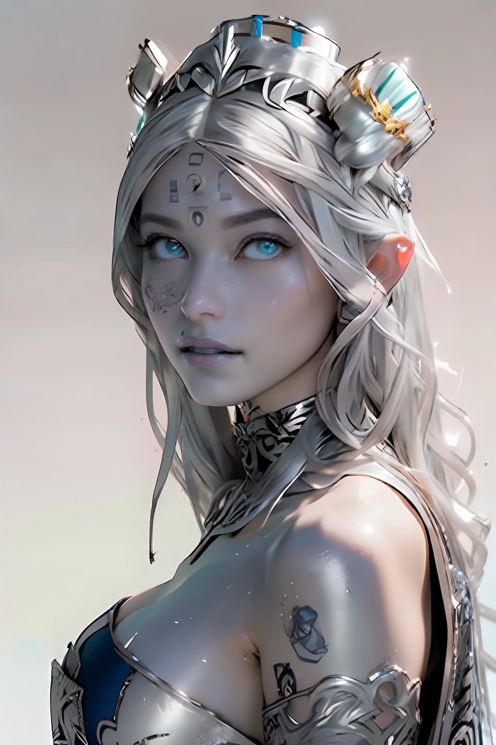 Ultra-detailed complex 3D rendering of the face, (masterpiece, top quality, octane rendering,), glamour shots full body image, very beautiful young elves, cleavage, (highly detailed skin: 1.2), (exposure: 1.1), ((blue micro bikini: 1.95)))). , 8k, (((very soft breasts)), (((conspicuous large pink areola)), beautiful Caucasian woman with white skin with full soft breasts with big buttocks, one, long braided hair, big breasts, dynamic angles, (((huge breasts: 2.4)), ultra-realistic photos, ((((((silver hair)))), futuristic urban background, facial muscles, (((((detailed and glamorous silver crown)))), In the style of Marvel Comics, ArtStation Trends, Clear Focus, Intricate Details, Very Detailed, Detailed Green Eyes, Sharp Focus, Digital Rendering, Professional, Abs, Lip Gloss, Glossy Skin, Sexy Pose, Golden Tattoo All Over Body, Silver Pattern All Over Body, Silver Lame Skin, Gold Glitter Skin, Mansuji, Buttocks, Jeweled All Over the Body, with silver scales, silver hair,