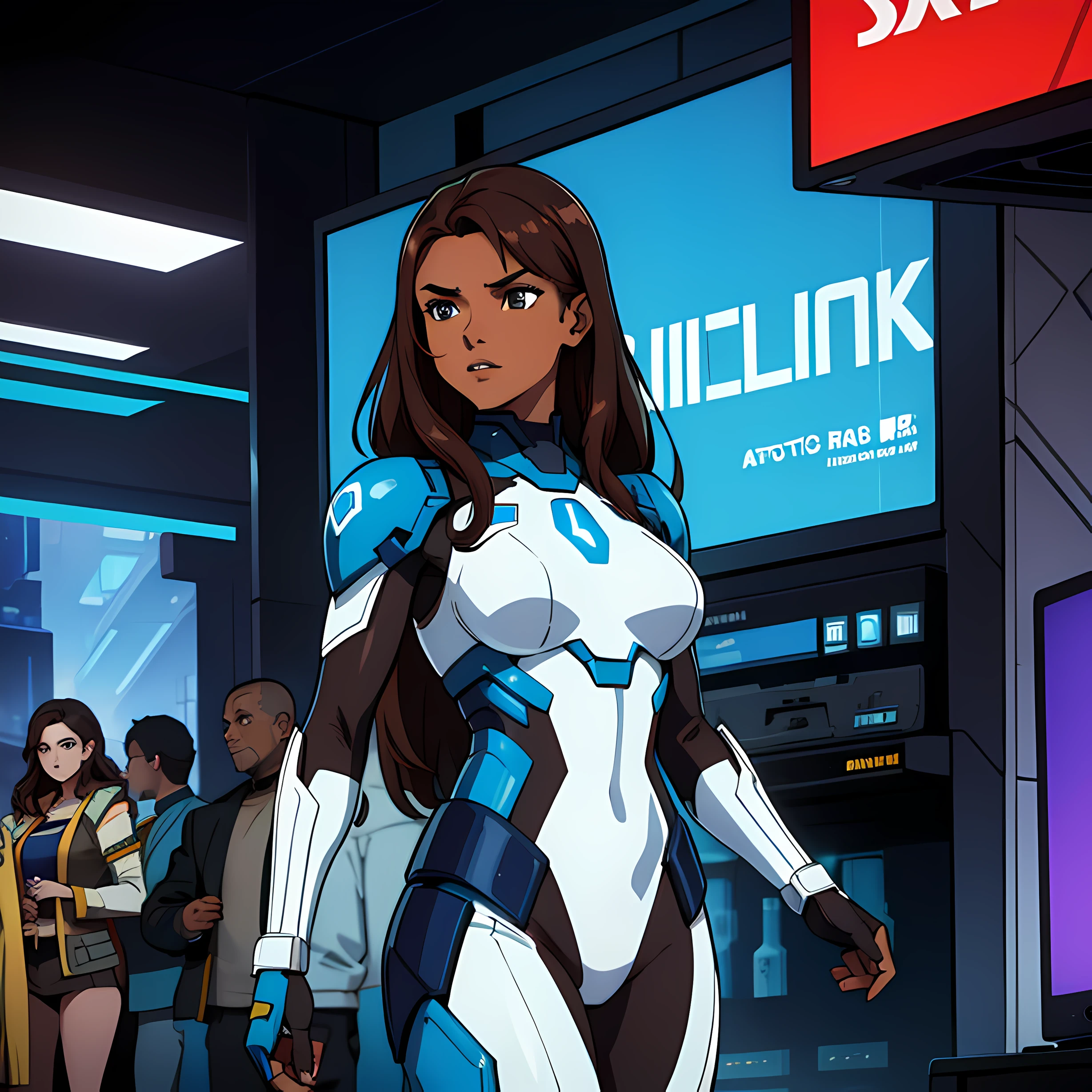 a beautiful woman with long, brown hair and dark brown skin in a sci fi, cyberpunk white and blue armored suit. she is holding two batons