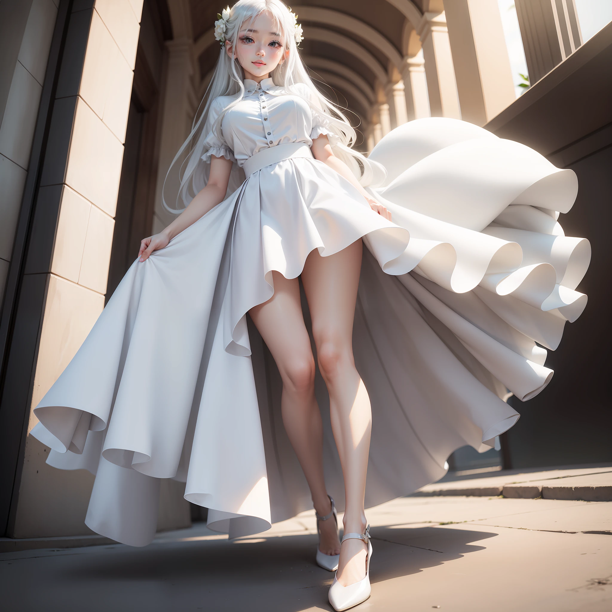 ((best qualtiy,8k,tmasterpiece:1.3)), 1girll, ssmile, full bodyesbian, Beautiful Korean woman, (Silvery-white hair) Super detailed face, Detailed eyes, 二重まぶた, Slim Faces, 城市, do lado de fora,Full body photo,crisp background,a white long skirt,white Heels,One guy
