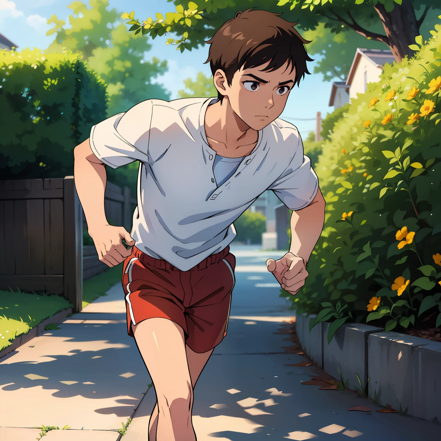A boy with,short detailed hair,Wear summer clothes,facing at camera,Nervous,motionblur,Run around the yard,The upper part of the body,tmasterpiece,offcial art,best qualtiy