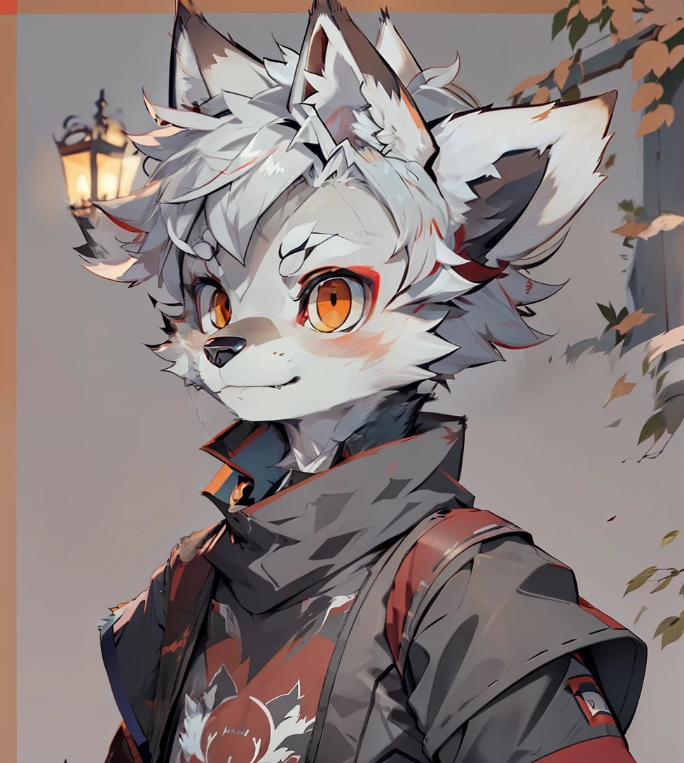 Wolf face，red color eyes，Clock patterns can be mapped in the eye，Ancient hotel counter，The picture is neat，Pure white hair all over the body，There is a little red dye on the hair，shoun，male people，gentleness，Wolf ears，White ears，laughingly，Sharp teeth，glomy，adolable，Dark blue top，Facial features of wolves，Wolf paw，Furry，Covered in furry，shaggy，Furry，short detailed hair，Cute teenager，coyote，orthofacial