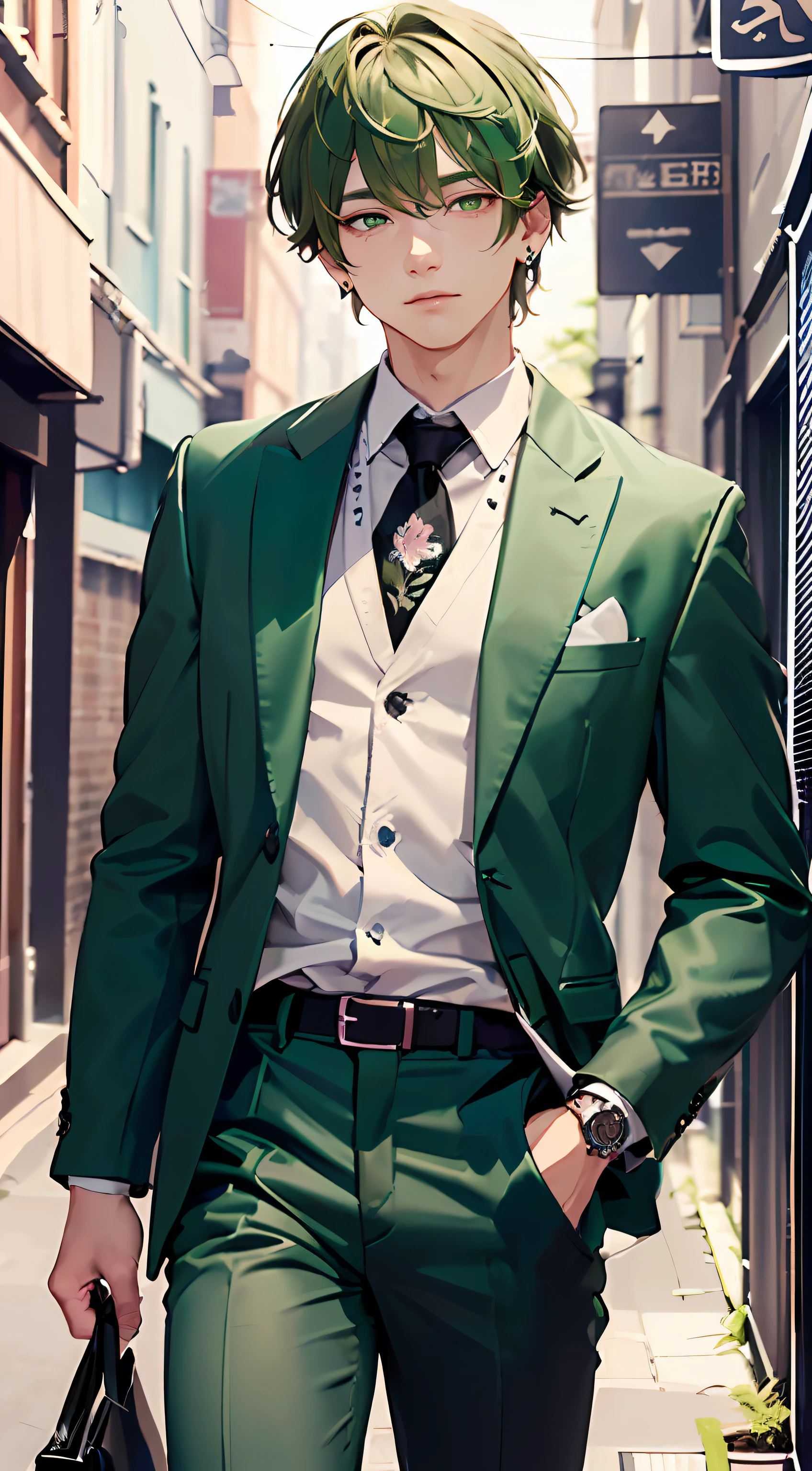 (top-quality:1.4、8K Super Detail CG Wallpapers)、(cute young man、Green eyes and short green hair:1.2)、white shirt、Black Suit、with floral pattern、over the shoulder view、piercings、Dark back alley in background