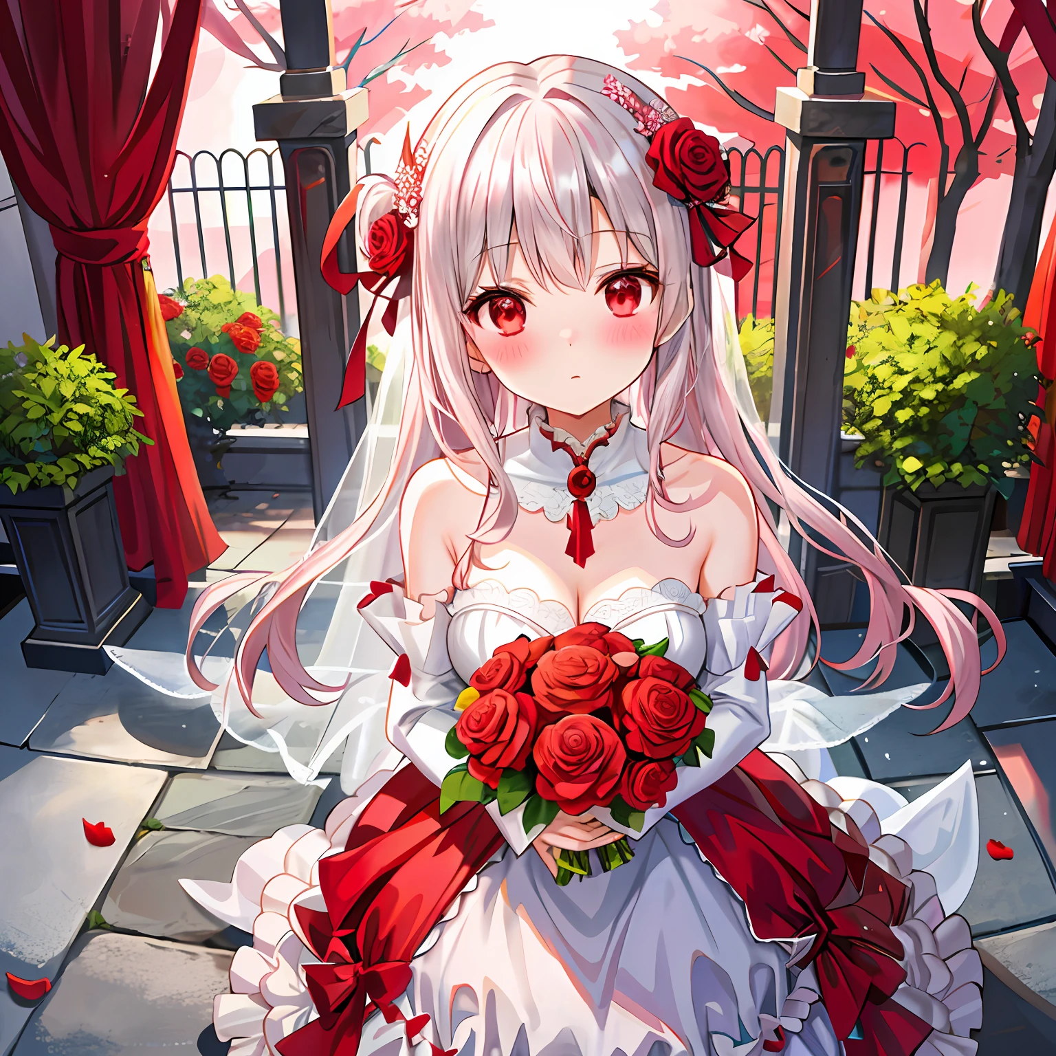 red blush、silber hair、red eyes、Beautiful girl alone、animesque、独奏、lonely、weddingdress、bouquet、Rose Garden