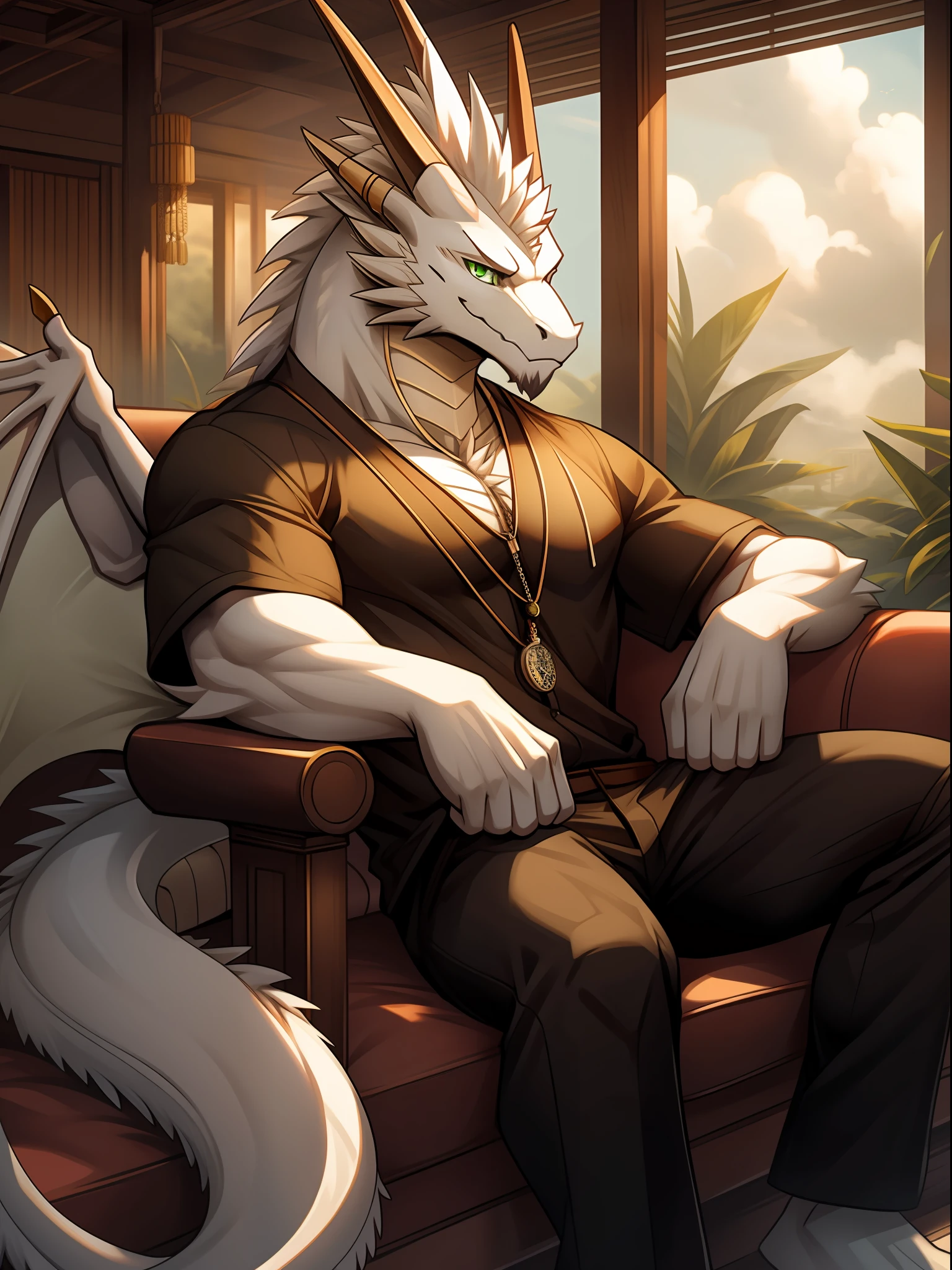 Oriental White Dragon(species),Casual attire,Deep green eyes,toned figure,Overcast personality,Holding a pocket watch,sitting in the couch,Holding a ring