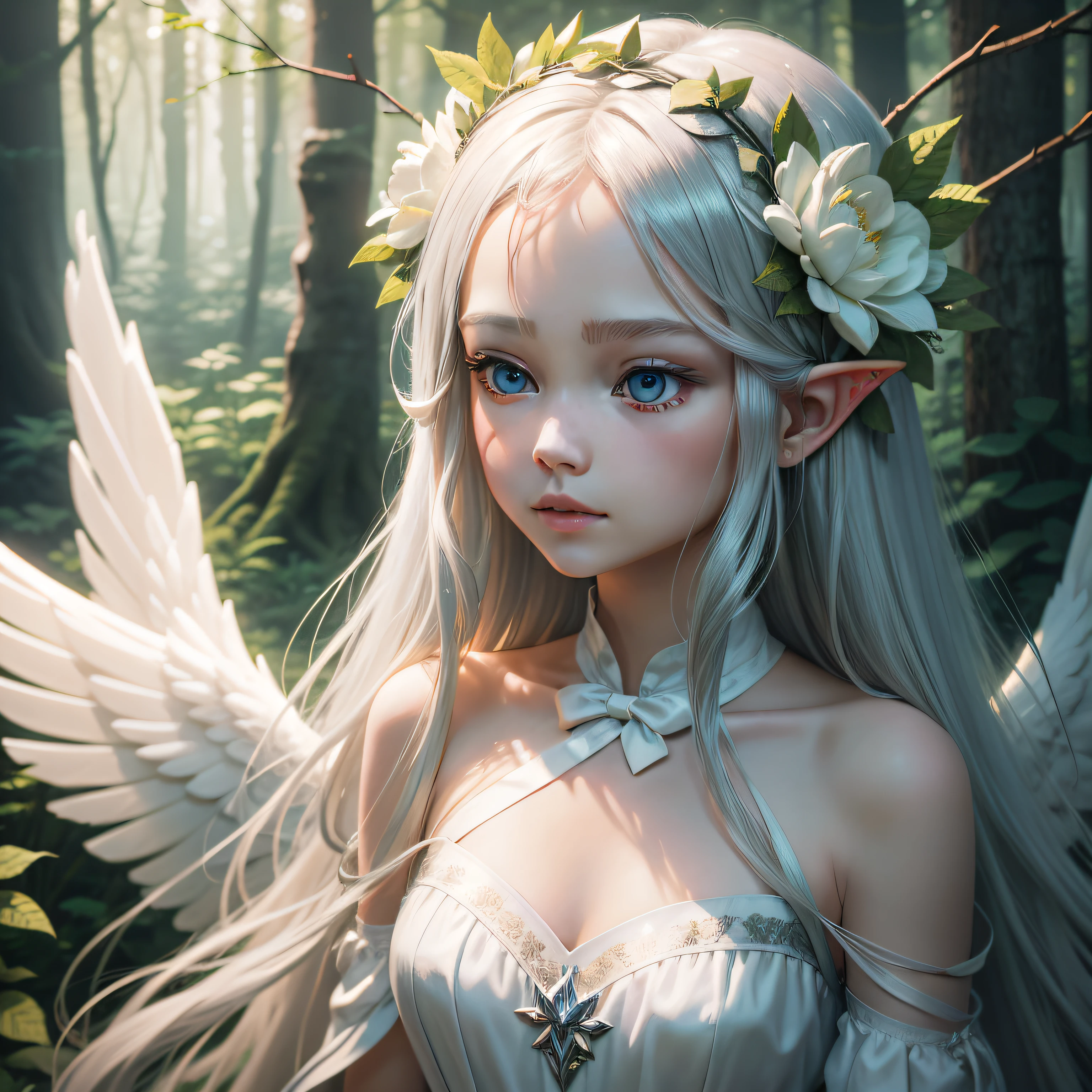 Deep in the forest,one-girl,Long blonde hair,Wearing a flower crown on his head,Silver bow and arrow blue accents,White dress embellished with flowers,A pair of white wings,The gaze is focused and calm,Elf Girl,4k,8k,k hd,The best graphics,