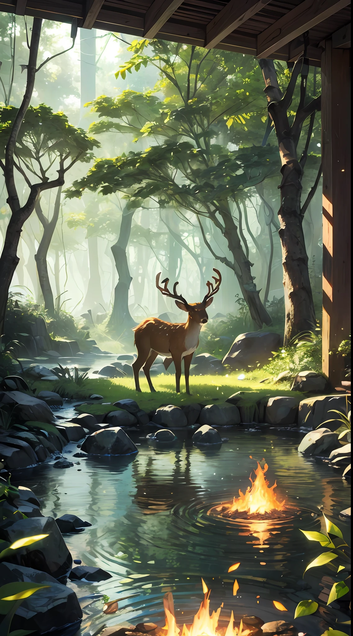 Masterpiece, best quality, (very detailed CG unified 8k wallpaper), (best quality), (best illustration), (best shadow), glowing elf with a glowing deer, drinking water in the pool, natural elements in forest theme. Mysterious forest, beautiful forest, nature, surrounded by flowers, delicate leaves and branches surrounded by fireflies (natural elements), (jungle theme), (leaves), (branches), (fireflies), (particle effects) and other 3D, Octane rendering, ray tracing, super detailed , deer --v6