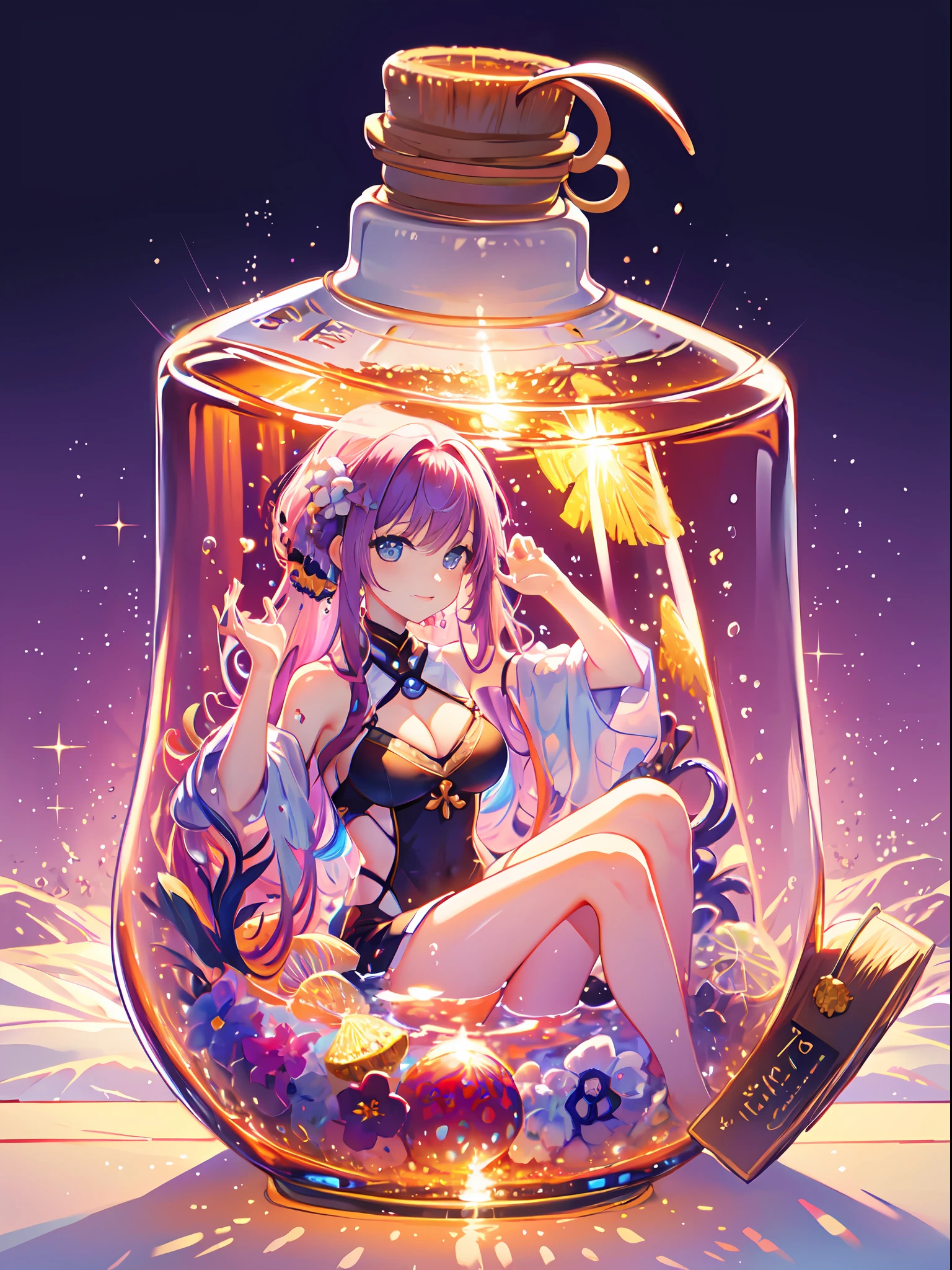 perfect eyes:1.2, detailed eyes:1.4, pineapple, smile, sitting, full body, air bubble, (masterpiece:1.6, best quality), phgls, /bottle, in container, (finely detailed beautiful eyes: 1.2), 1girl, solo, big breasts, tentacles, purple hair, pink hair, two-tone hair, underwater, floating hair