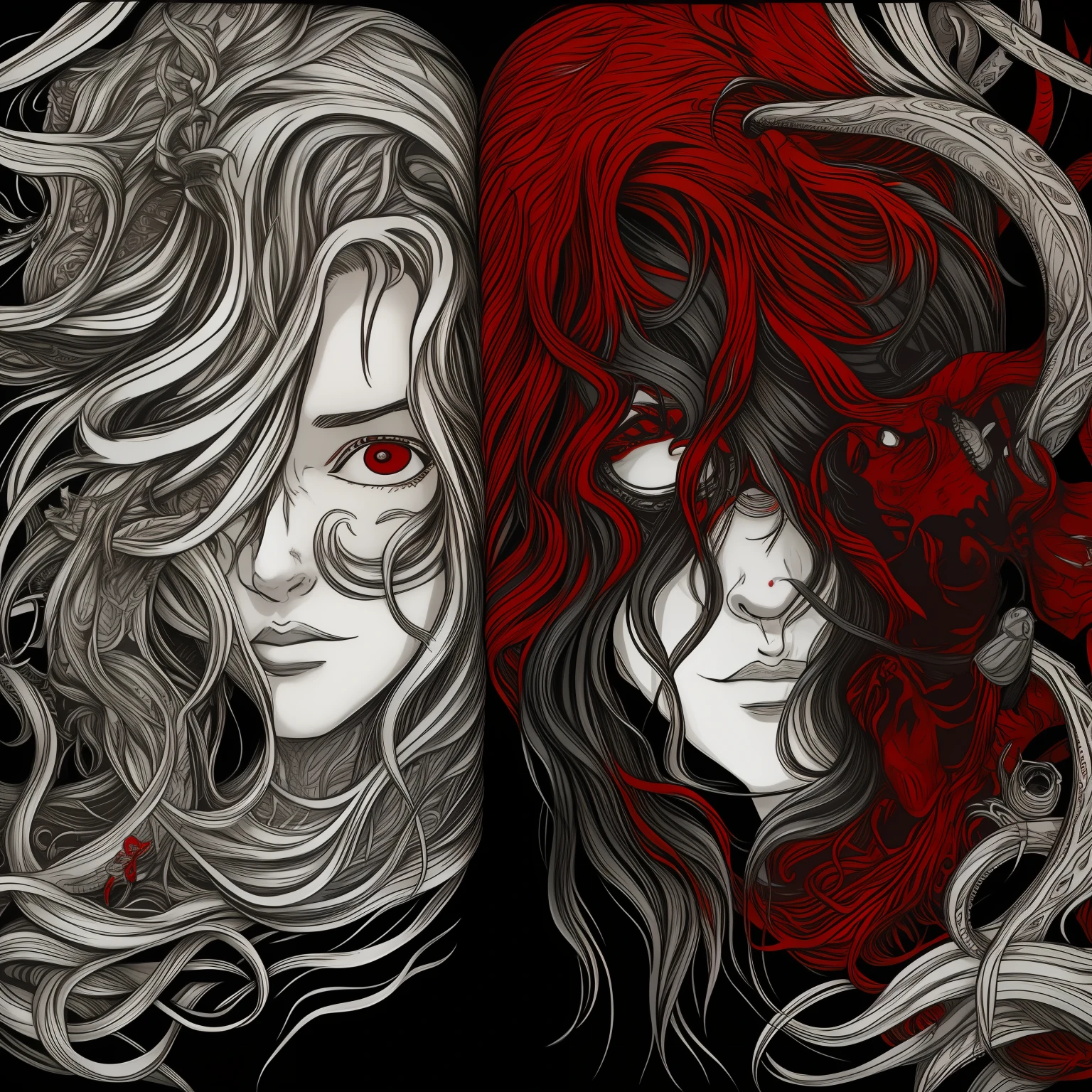 mellicent_ink, poster style, red, grey, white and black colors, portrait, 1girl, solo, grey hair, long hair, messy hair, devided by half, red test tubes on the left, left eye closed, right eye open, surrounded by red tentackles, lovecraft monsters on right, black background, pattern shading