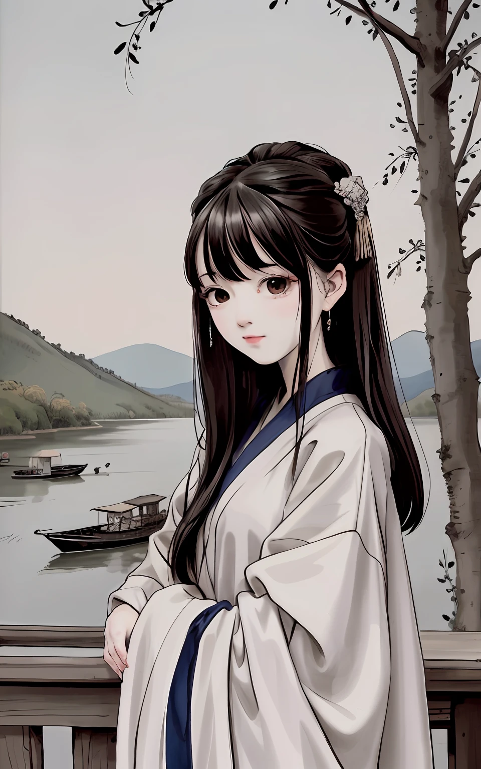 shukezouma, Negative space, , shuimobysim , Portrait of a woman standing , Willow branches, (Masterpiece, Best quality:1.2), Traditional Chinese Ink Painting, (Traditional Chinese painting), monochrome, ModelShoot style, Peaceful, (Smile), view the viewer, wearing long hanfu, Hanfu, Song, Willow tree in background, wuchangshuo, Distant mountains, Small lake, gazebo, Lonely boats,