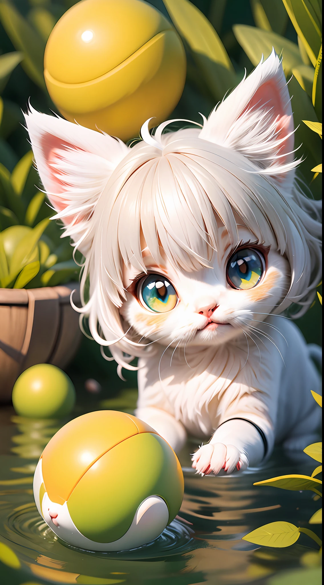 A white-haired kitten,adolable,spherical,cleanness,afloat,shaggy,Big eyes,Non-human,In the green one,Simple,ssmile,Funny,Morandi color system,looking to the right,Turn right