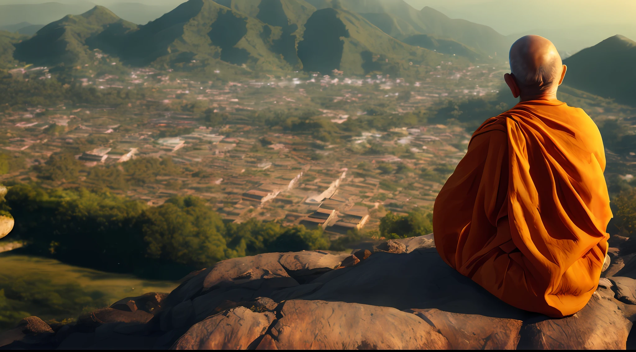 An old Zen Buddhist man sits cross-legged on the top of a mountain, overlooking the village below，k hd，Cinematic footage，电影灯光，Cinematic texture