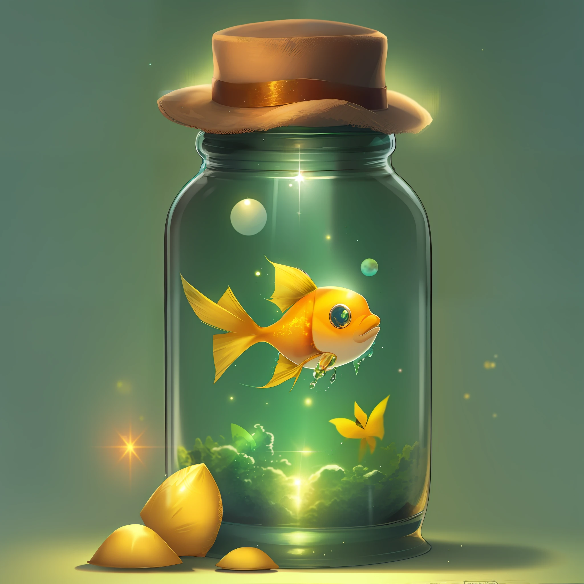 a green liquid in a glass jar with a gold fish on it and a hat on top of it, no_humans, lens_flare, moon, sun, game icon, cartoon style