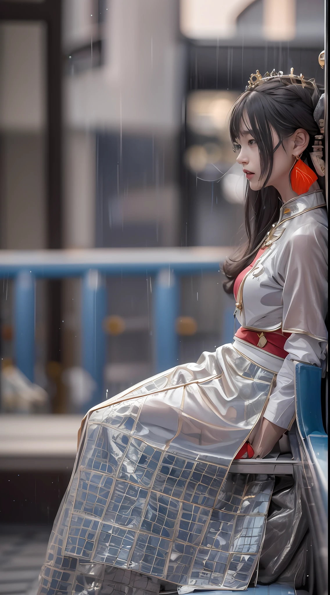 downpours(tmasterpiece,k hd,hyper HD,16k)brunette color hair,15 year old girl,Multi-layer gauze skirt,Silver embroidered crown gold setting,Rouge lips,Cherry mouth,Focus on the neckline,Soft hair like slippery silk,Sparkling,Almost reluctant to look away,She wears a suspender cheongsam!Imagine that,She just wore a suspender cheongsam to shop in the bustling Sanlitun,One can't help but want to take a closer look。Take a closer look, desi,Her belly pocket is quite stylish,The skirt flutters in the wind,It's like adding a touch of energy to the whole street,Crocodile skin train,A sneak peek angle,(From the angle below),Sit in the seat of the train python,sitting in front,Zoom camera,head portrait,Head down and sleepy-eyed,Look at the ground, best qualtiy, hyper HD, (realisticlying:1.4),, A high resolution, the detail, RAW photogr, Sharp Re, Nikon D850 Film Stock Photo by Jefferies Lee 4 Kodak Portra 400 Camera F1.6 shots, Rich colors, ultra-realistic vivid textures, Dramatic lighting, Unreal Engine Art Station Trend, cinestir 800,