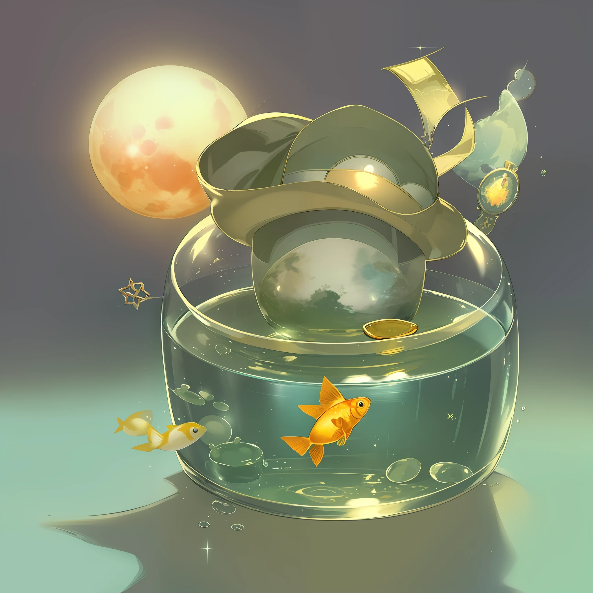 a green liquid in a glass jar with a gold fish on it and a hat on top of it, no_humans, lens_flare, moon, sun, game icon, cartoon style